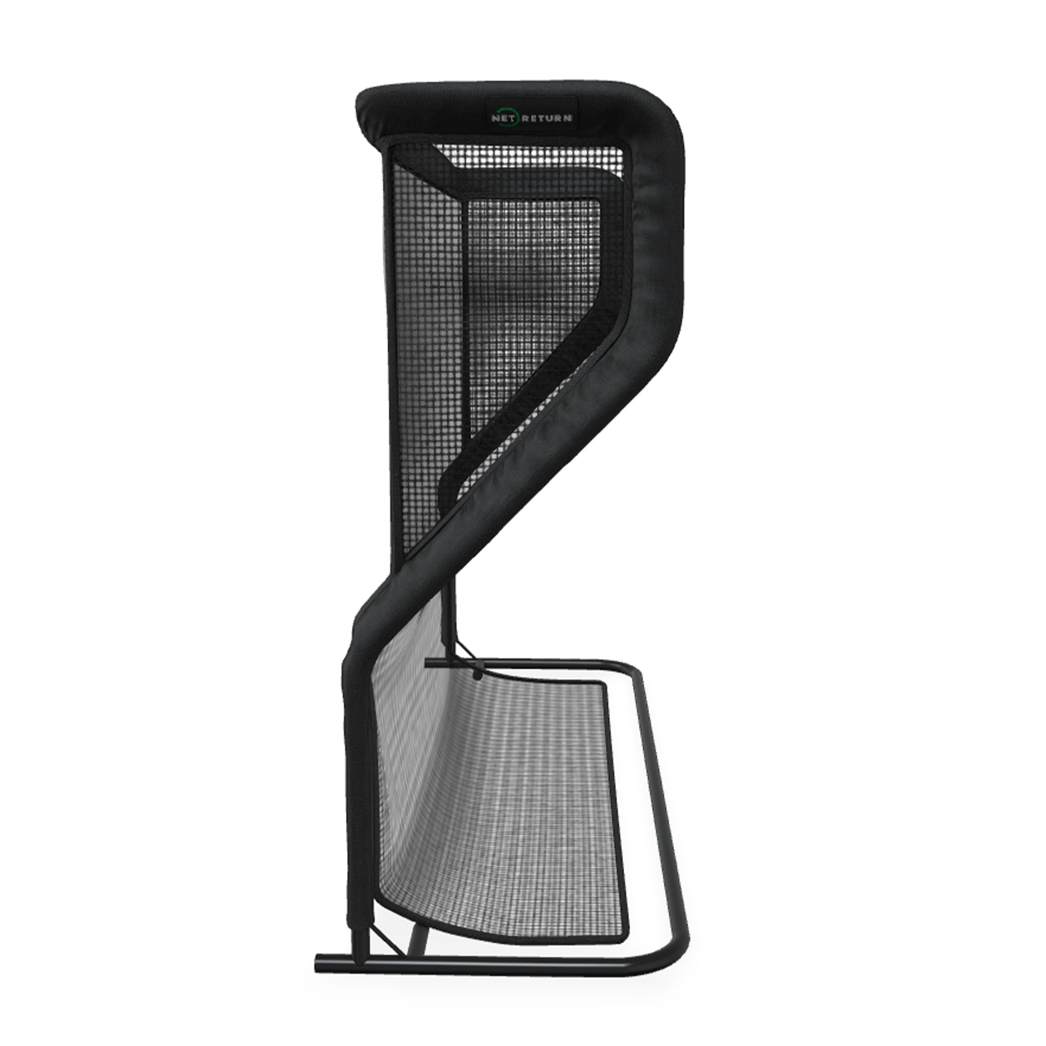 Side view of a black and gray sports net with a metal frame designed for returning balls in various sports.