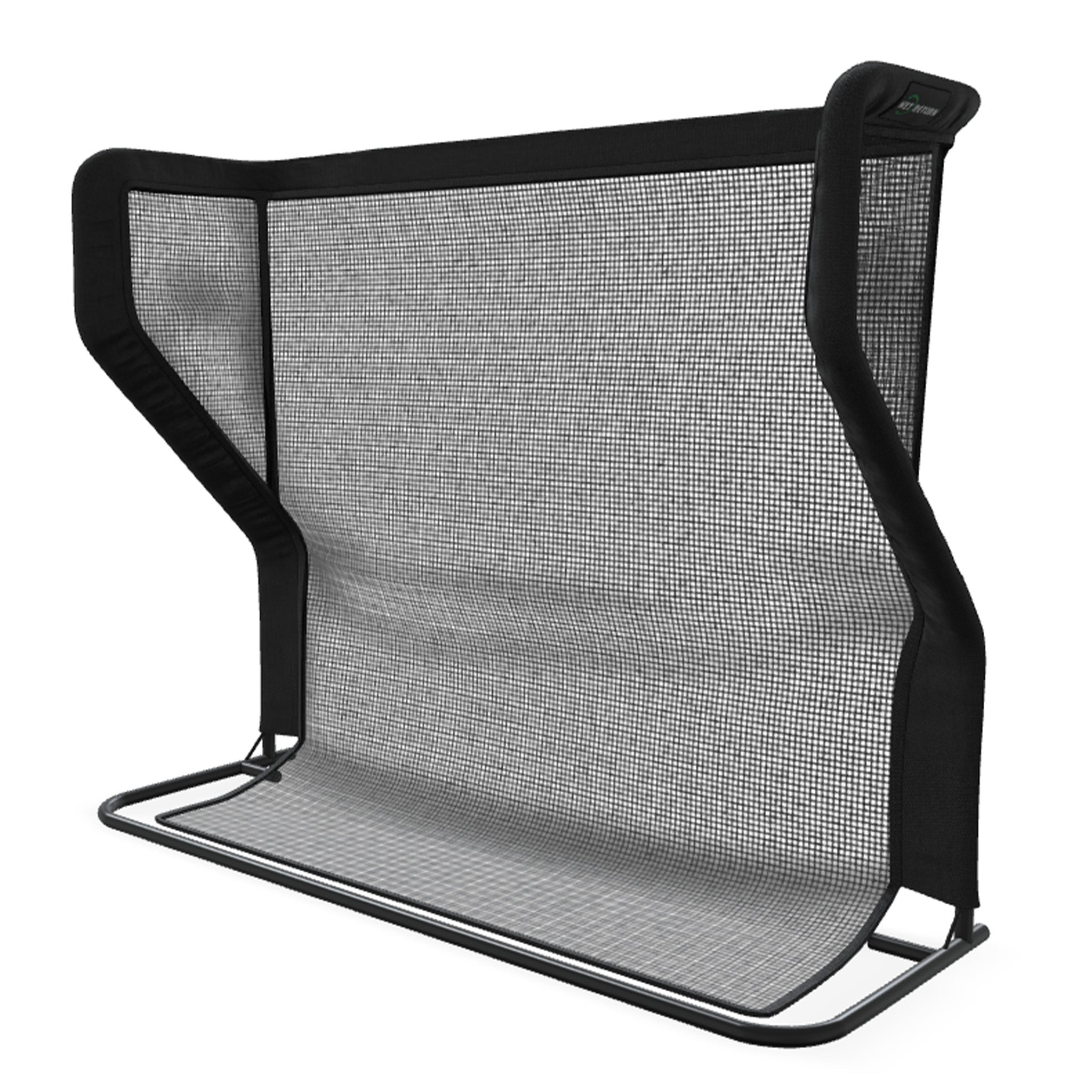 A black mesh safety barrier with a sturdy frame and fabric edges.