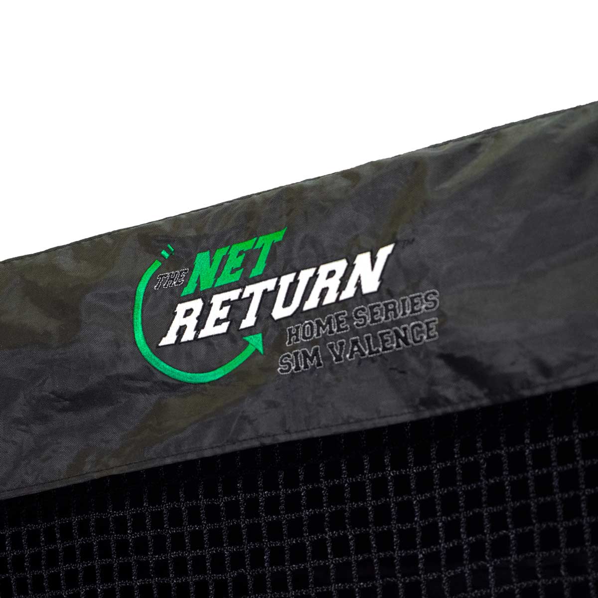 Close-up of a black net from The Net Return Simulator Kit, featuring the brand embroidered in green and white—ideal for your home golf simulator or garage setup.