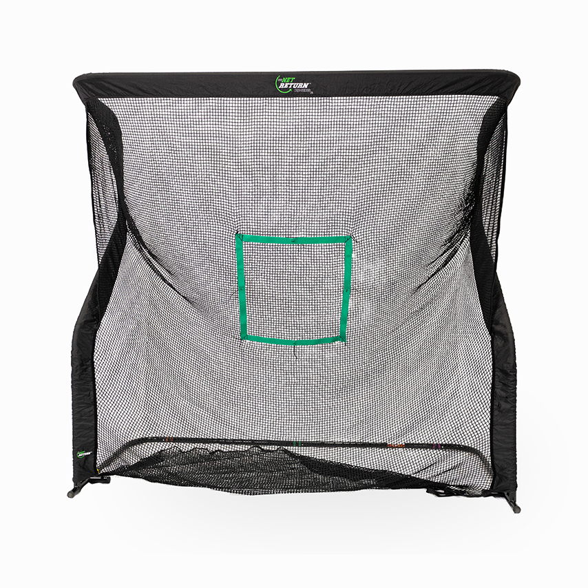 A black sports net with a green square marking in the center, designed for practicing ball accuracy.