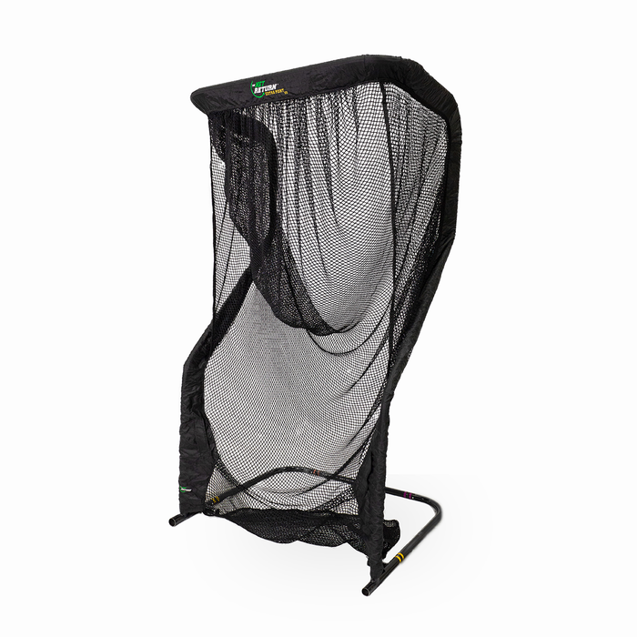 A black sports net with a curved frame designed for catching balls, standing upright on a white background.