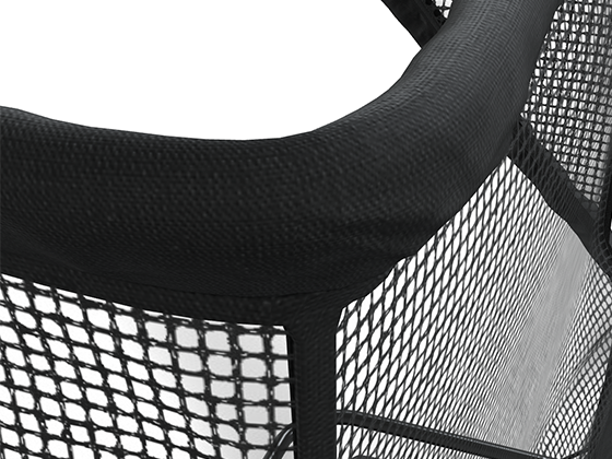 Close-up of a black mesh fabric panel with reinforced edges, showing the texture and weave.