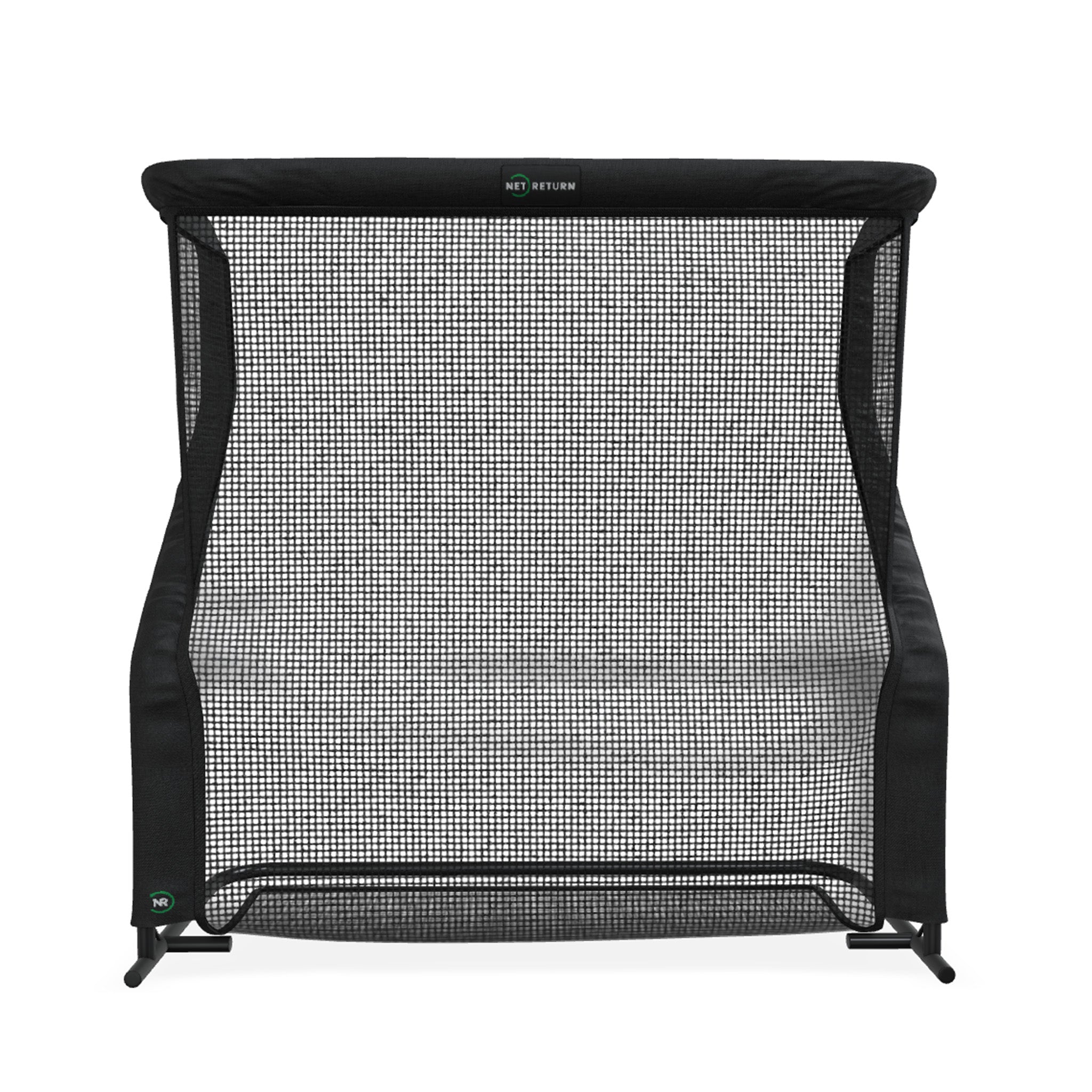 Black sports net with a sturdy frame, designed for practicing ball returns, against a white background.
