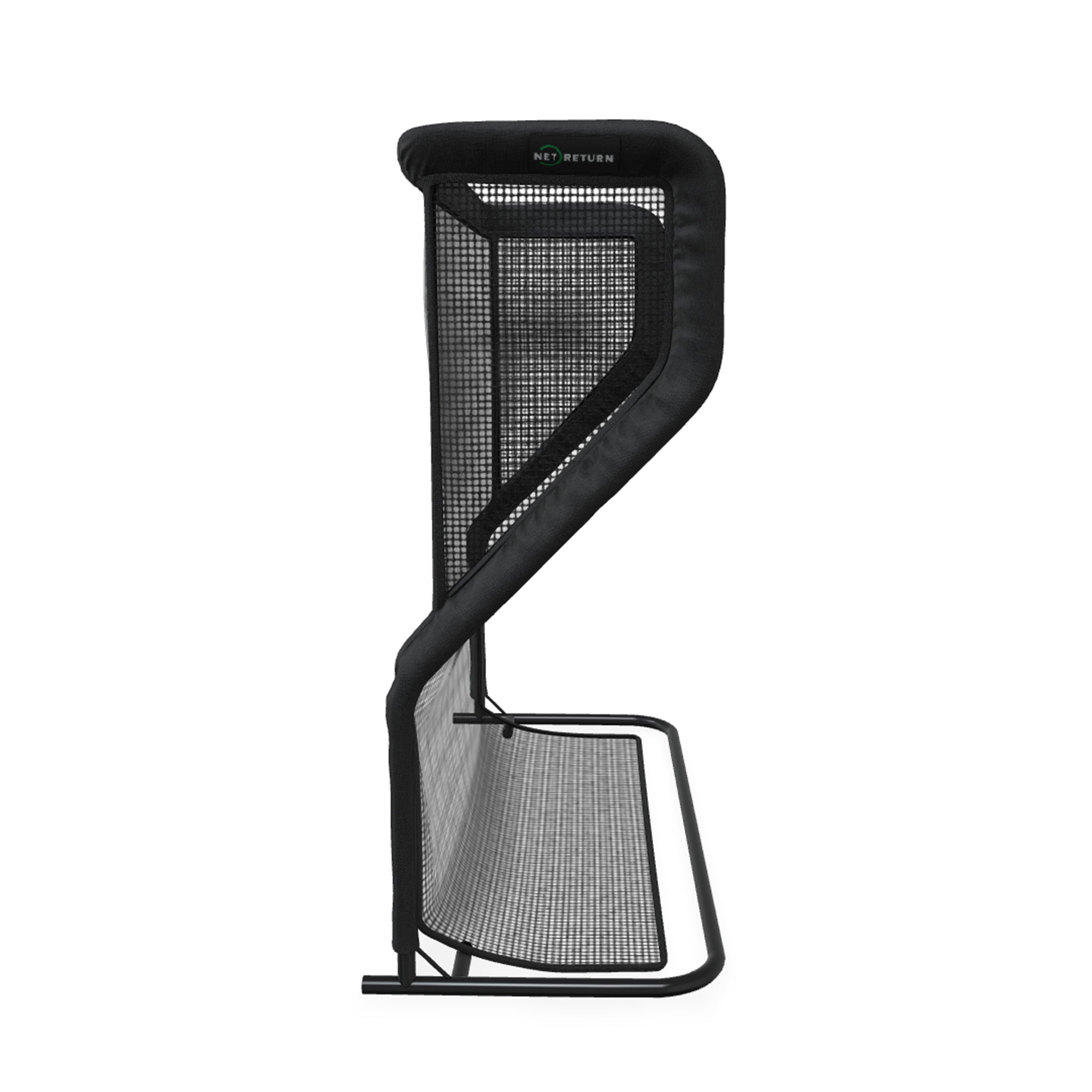 Side view of a black, metal-framed sports net with a curved top and mesh design, resting on a rectangular base.