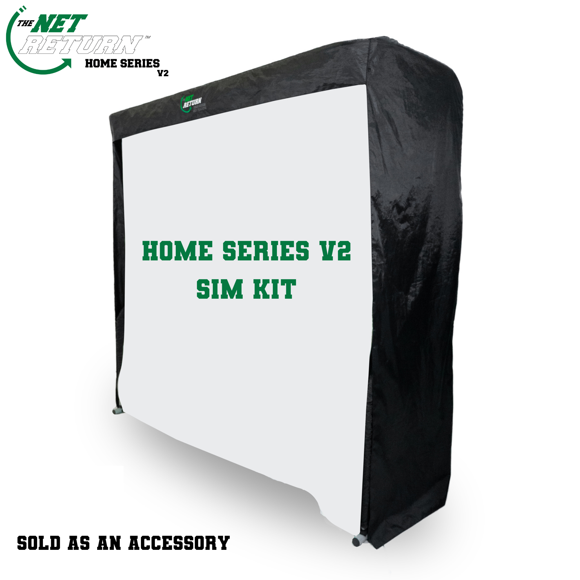 Black-framed golf net with a white screen, labeled "Simulator Kit" by The Net Return. Perfect for home or garage golf simulators; sold as an accessory for The Net Return Home Series V2 (screens are not returnable).