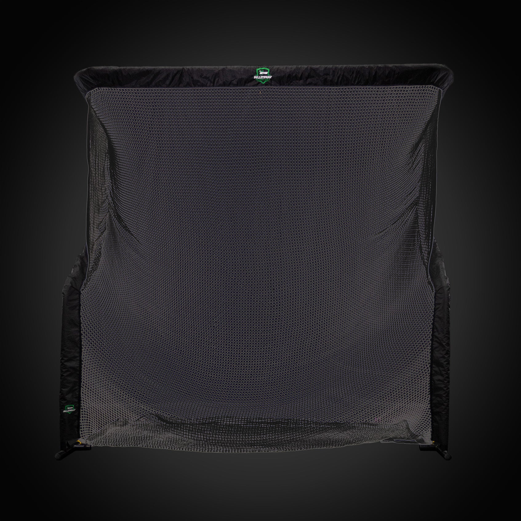 A large black net with a rectangular frame, set against a dark background.