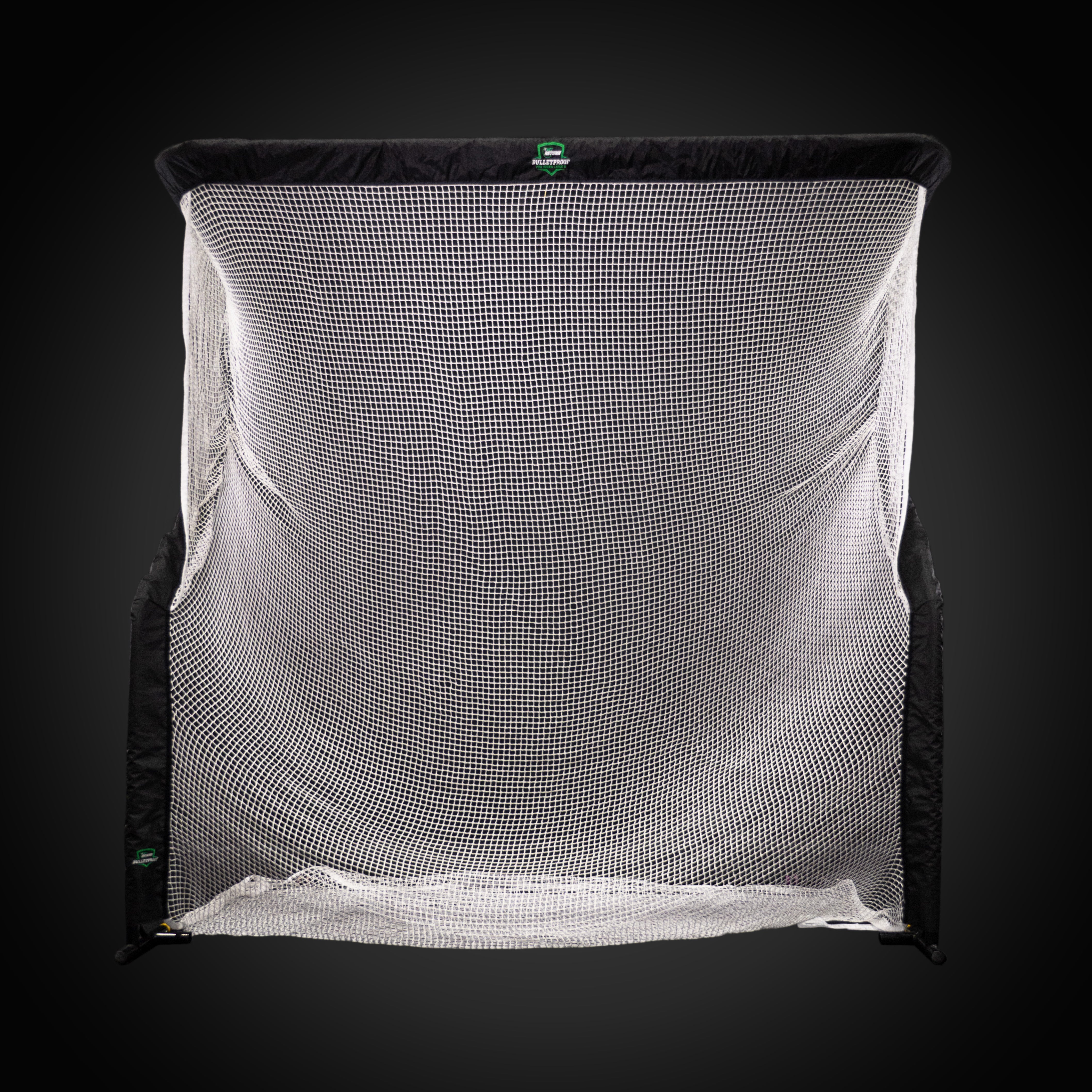 A black and white sports net with a rectangular frame, photographed against a dark background.