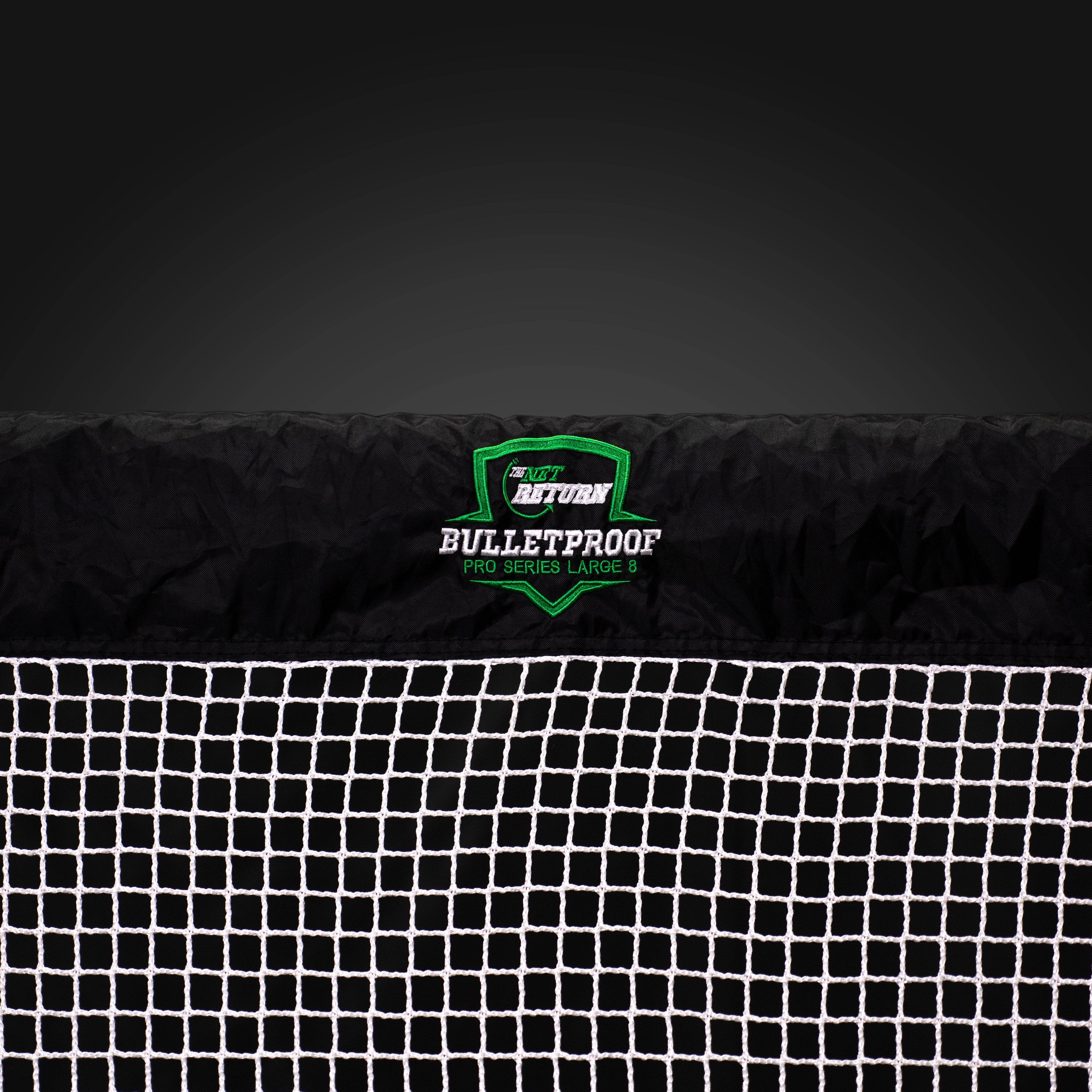 A black net with a green and white "Bulletproof" logo in a shield shape.