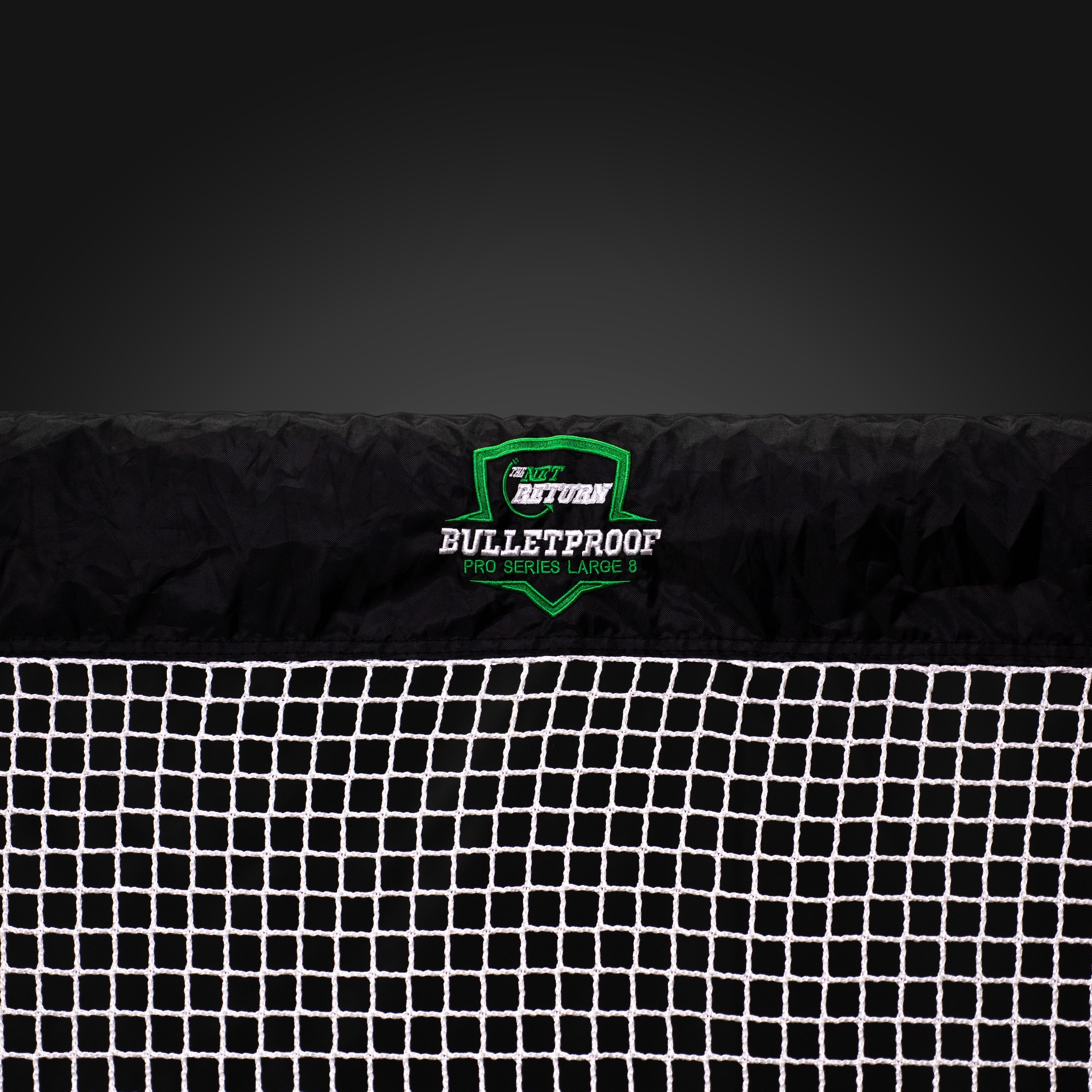 A black net with white mesh has a green logo that says "Bulletproof Pro Series Large" on top.