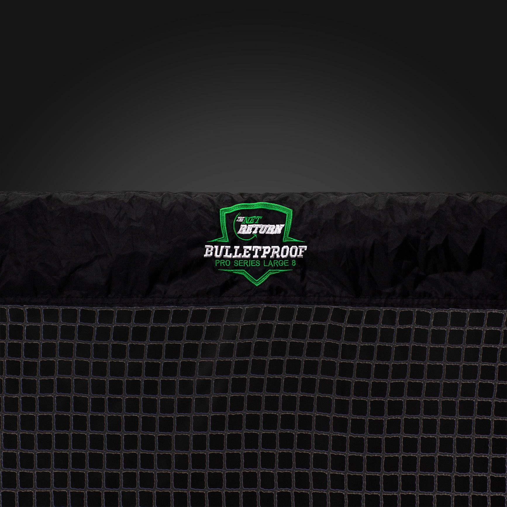 A black net with "Bulletproof Pro Series Large 8" logo, featuring a green shield and white text on the netting backdrop.