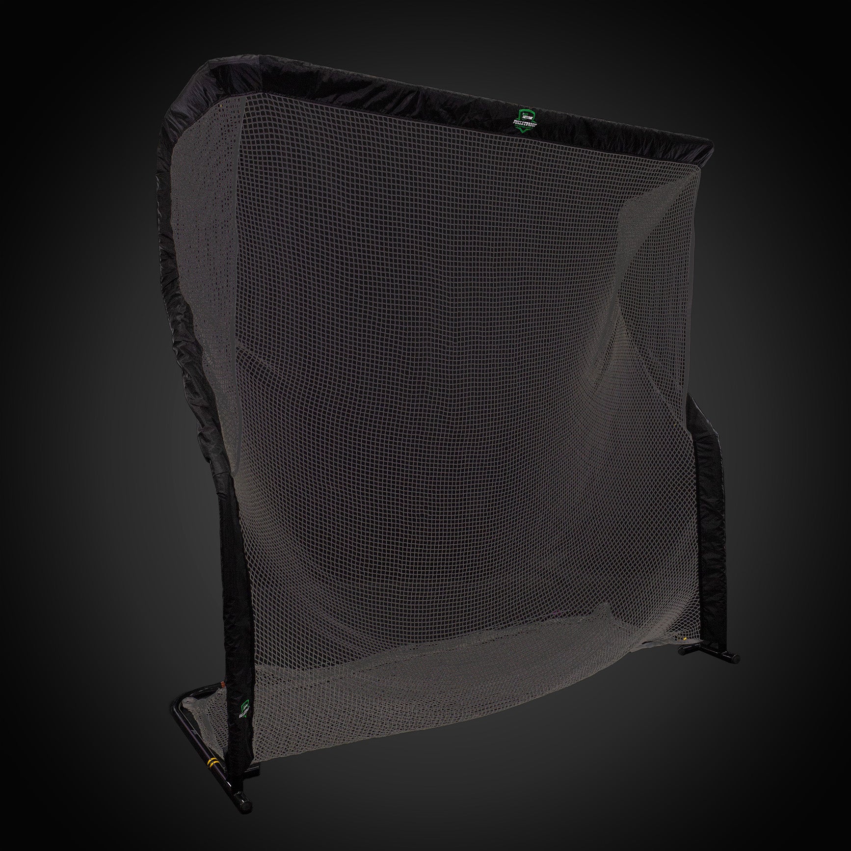 A golf practice net with a black frame and netting, set against a dark background.
