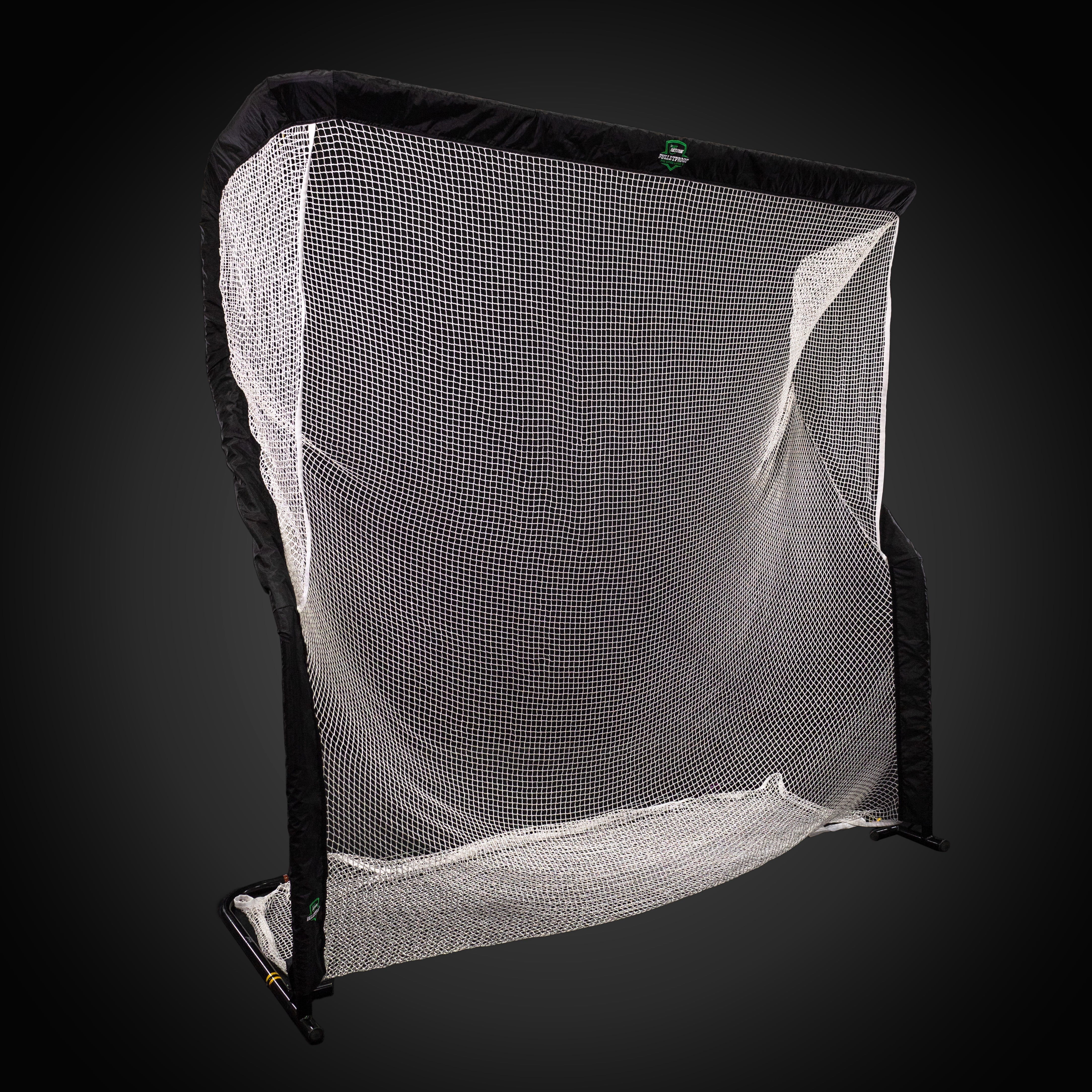 A golf practice net with a black frame and white mesh, set against a dark background.