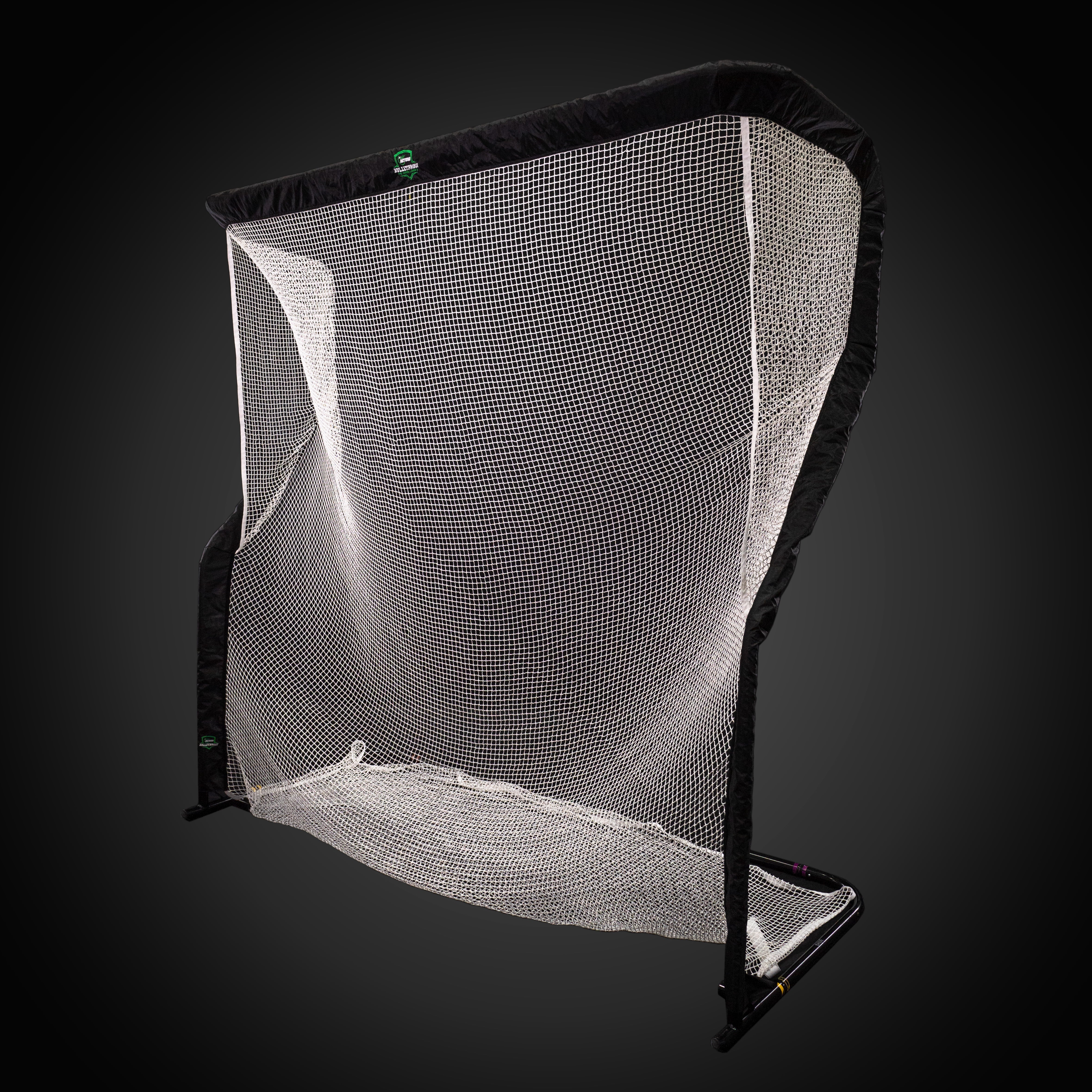 A black-framed golf practice net with white mesh, set against a dark background.