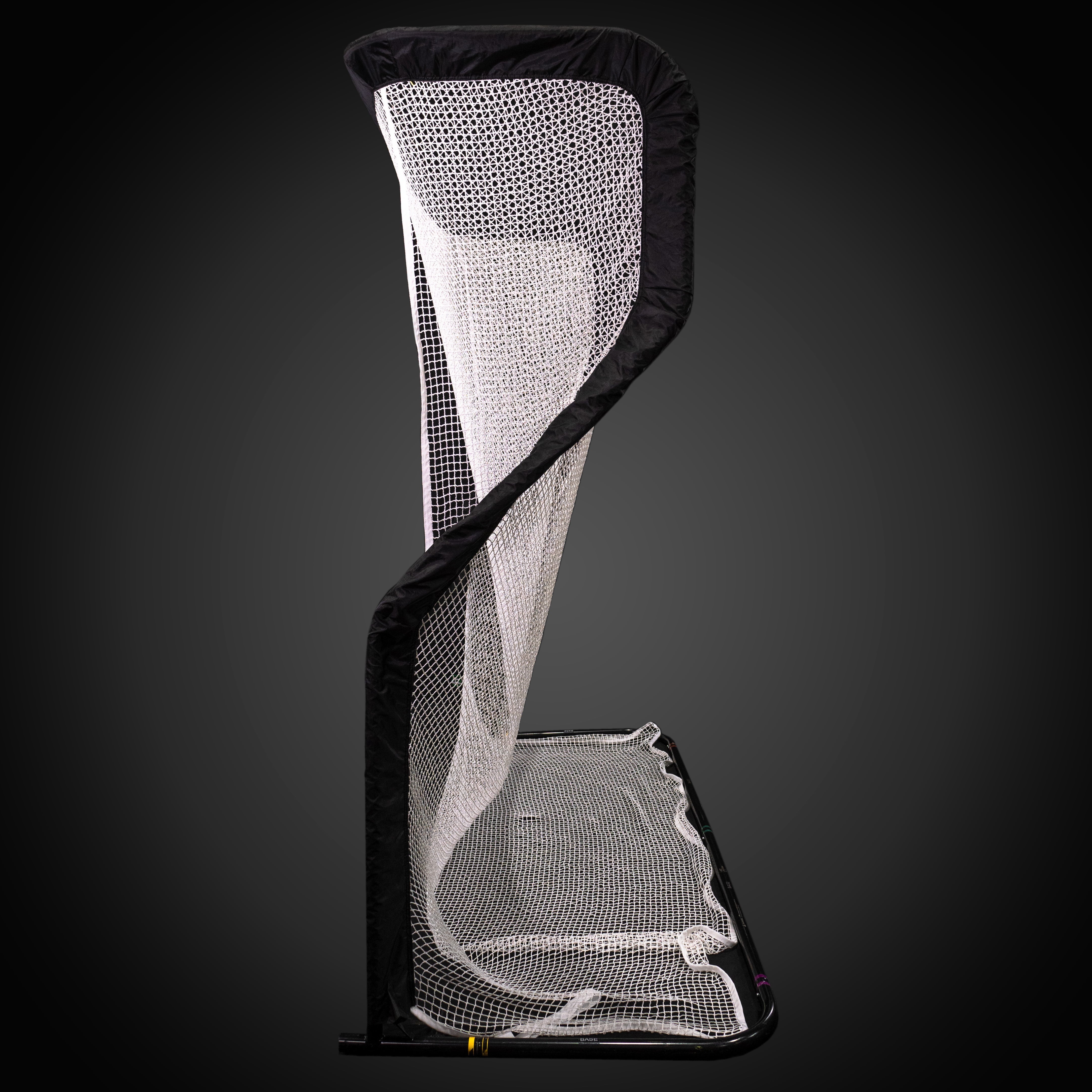 A black and white golf net with a curved design is set against a dark background.