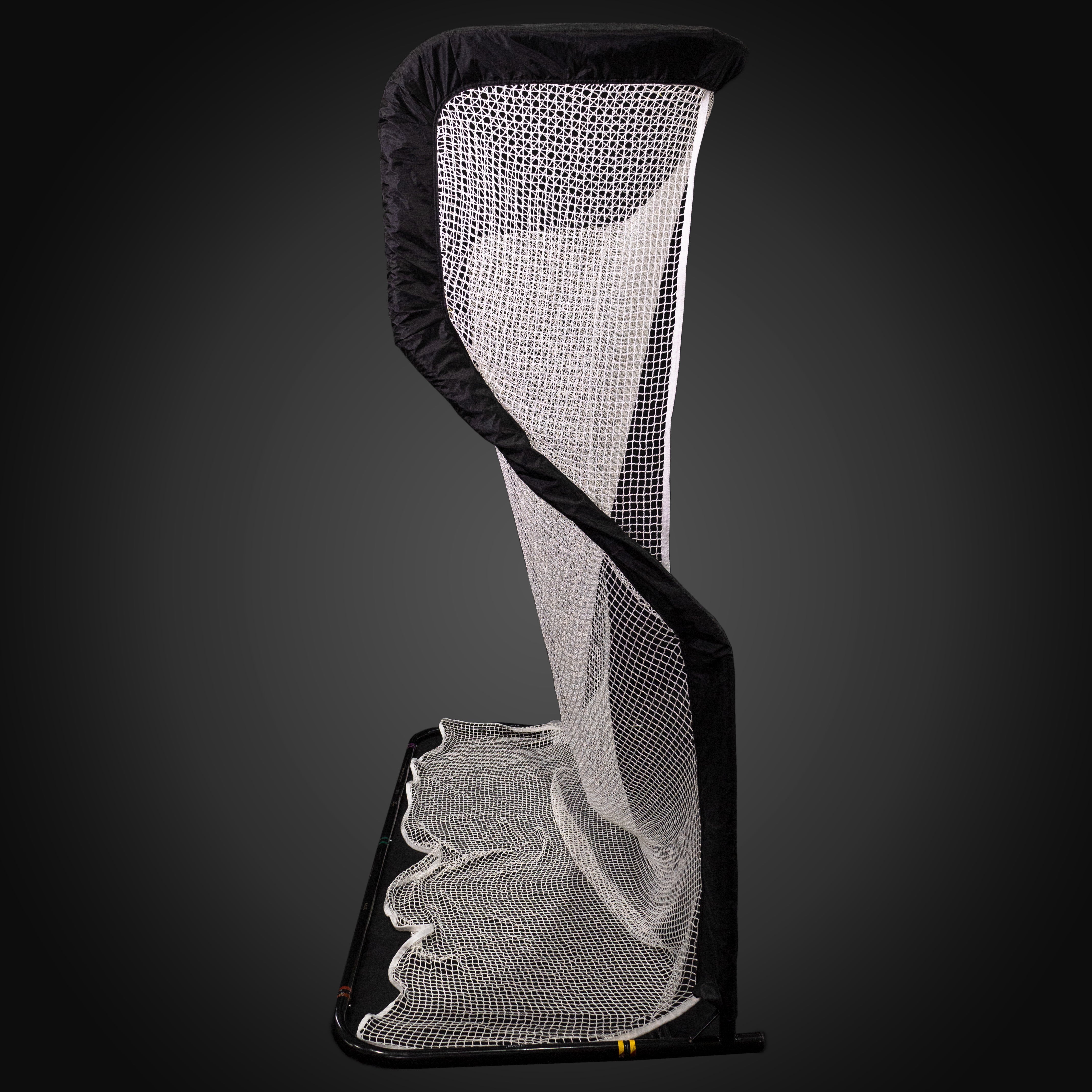Side view of a curved net structure with a black frame and white mesh, used in sports, against a dark background.