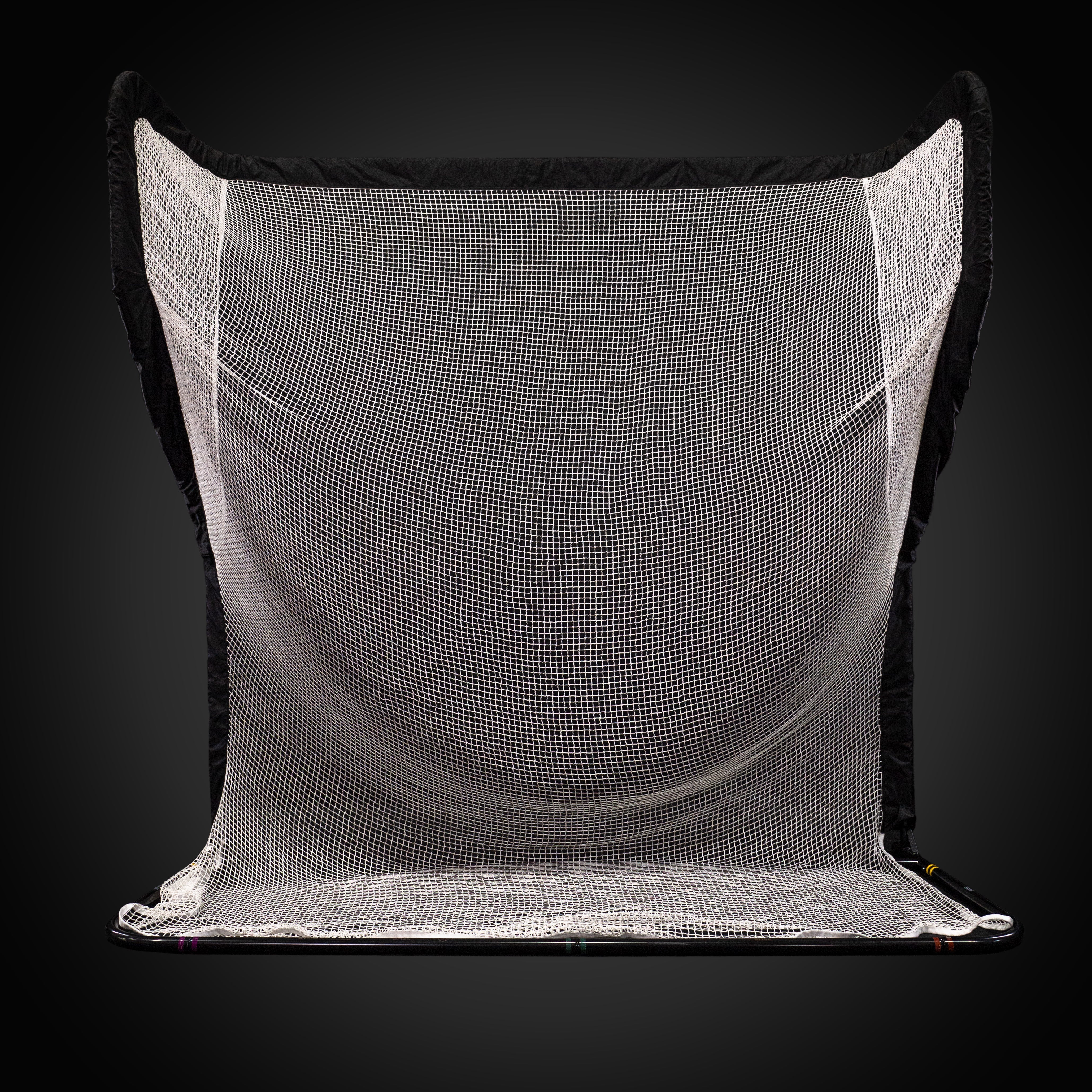 A collapsible sports net with black framing and a large white mesh surface, set against a dark background.
