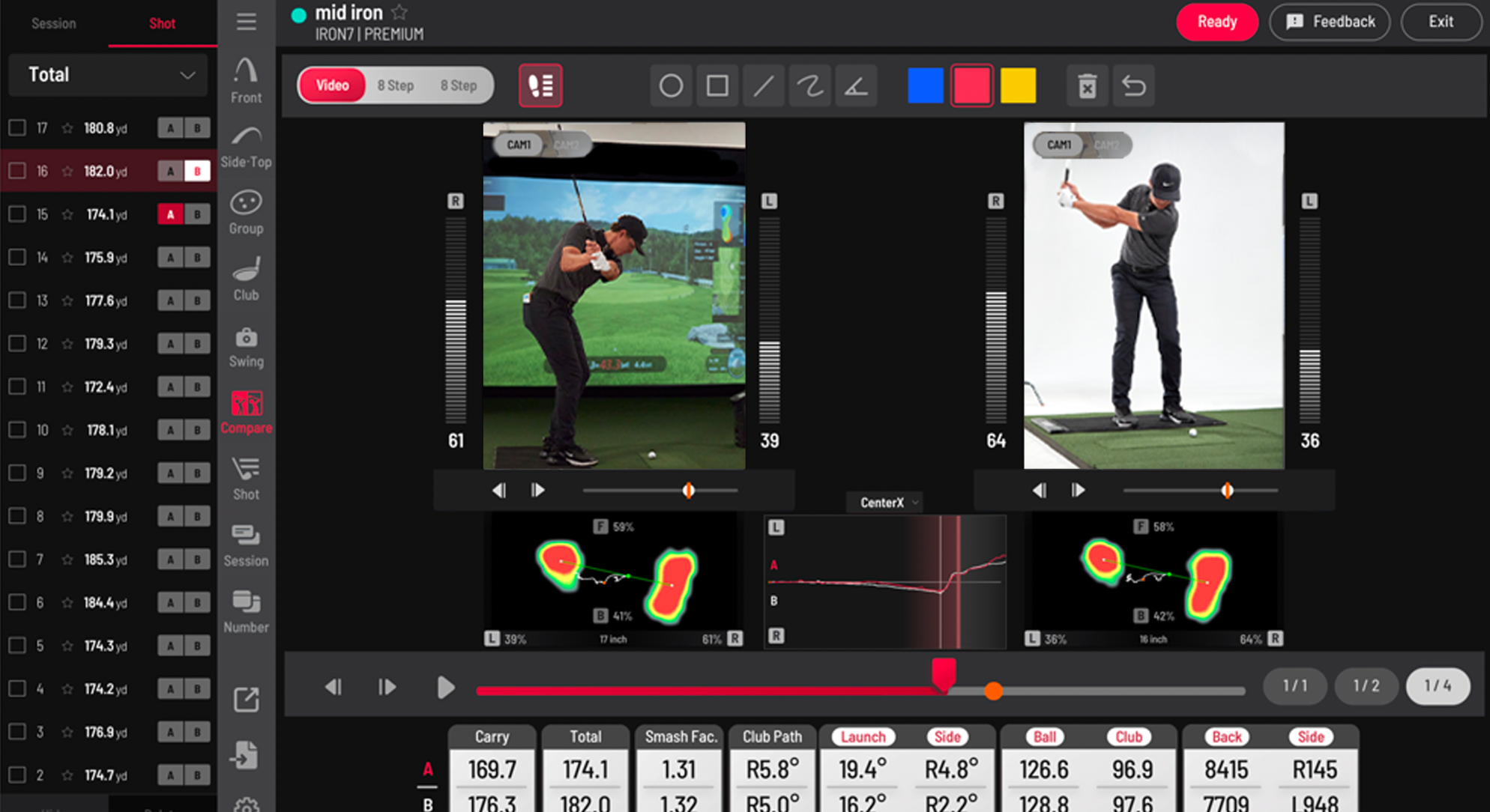 A split-screen software interface showing golfer analysis with swing images, foot pressure heatmaps, and statistics like carry, total, and club path on the bottom.