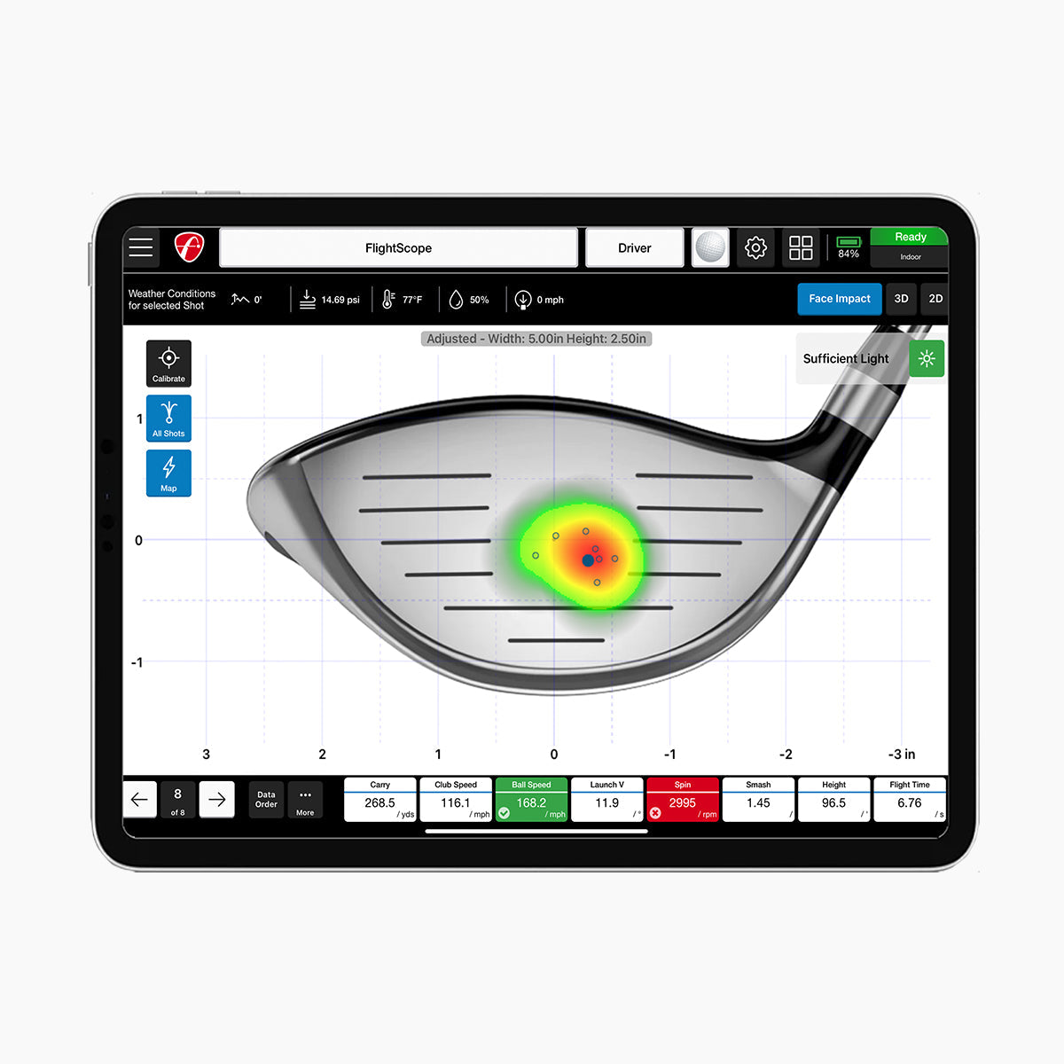 The FlightScope Golf Face Impact Location for Mevo+ Pro Package offers a golf swing analysis app with a heat map showing Face Impact Location on the club and incorporates Mevo+ technology for detailed impact data and metrics.