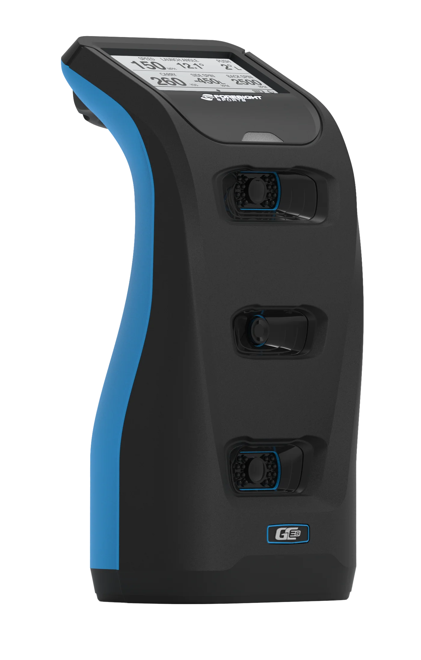 The Foresight GC3S by Foresight is a digital instrument with a screen and three ports, showcasing a sleek black and blue design.