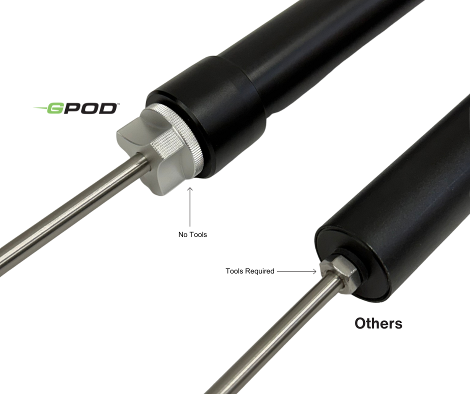 Close-up comparison of two metal rods: the left, labeled "GPOD GOLF Pauly P," has a tool-free adjustment knob for its adjustable tripod; the right, labeled "Others," requires tools for adjustment.