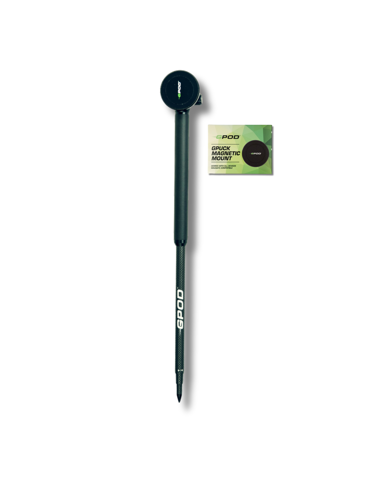 A black GPOD GOLF GPOD X carbon fiber monopod with a pointed end, magnetic head, and packaging card is displayed on a white background.