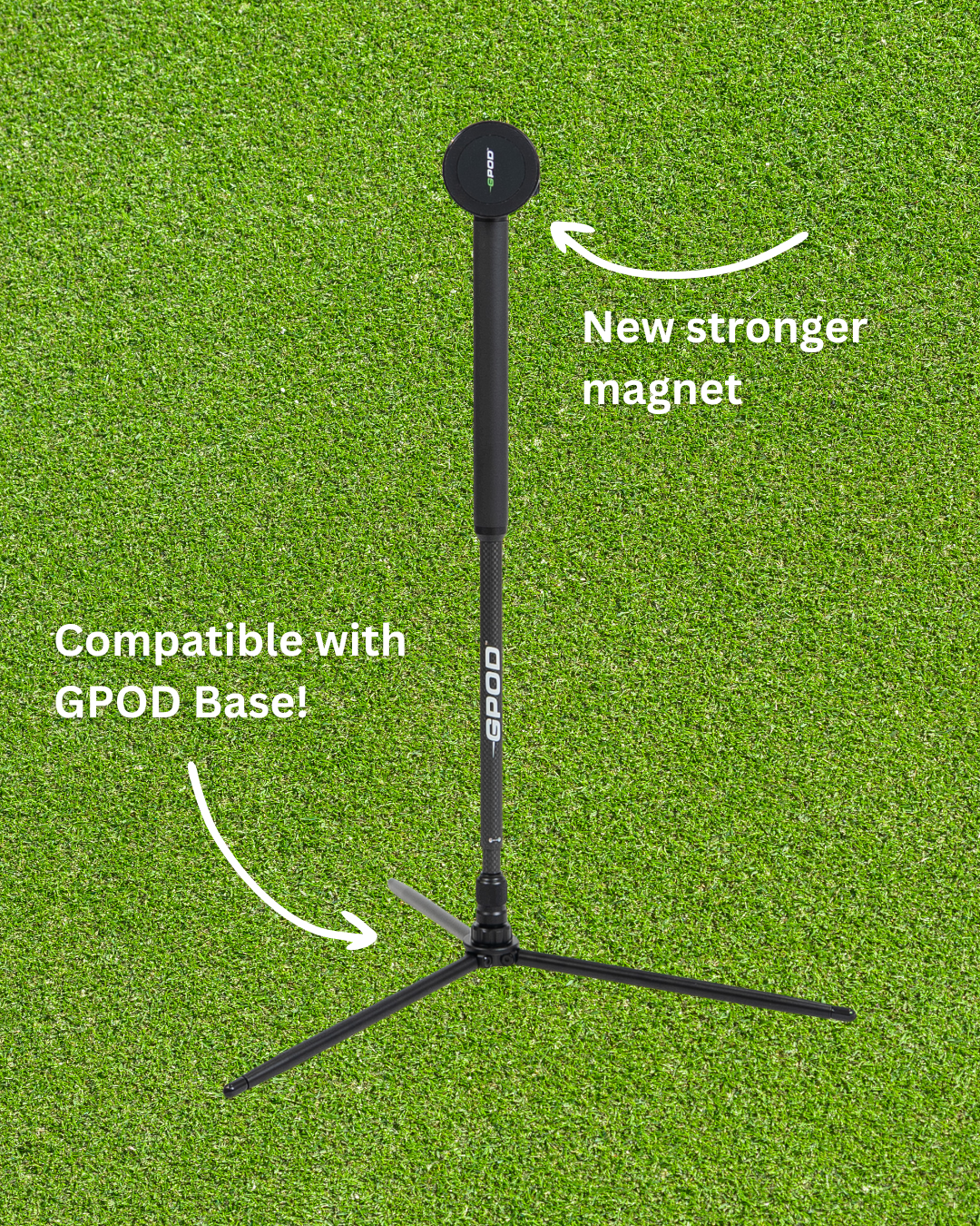 A black GPOD GOLF GPOD X tripod stand with a circular magnetic mount is shown on grass, highlighting a new stronger magnet, MagSafe support, and full compatibility with the GPOD Base.