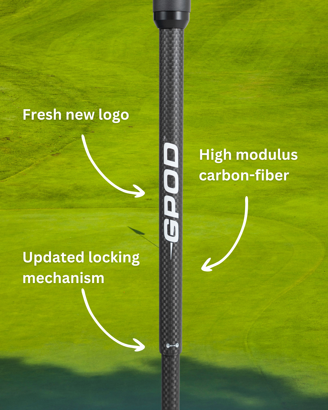 Close-up of the GPOD GOLF GPOD X carbon-fiber monopod, showcasing its new logo, improved locking mechanism, and high modulus carbon-fiber build against a green background.