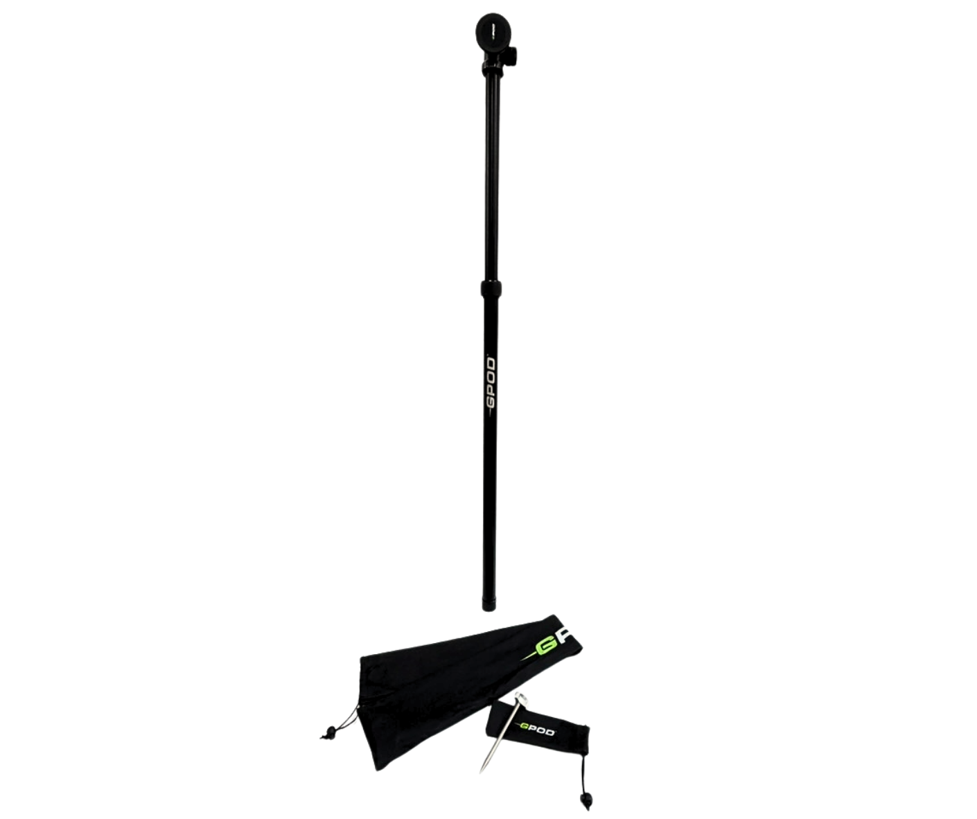 The GPOD GOLF GPOD Pauly P, a black extendable monopod with camera mount for golf swing analysis, is shown on a white background with two black carrying pouches and a metal spike accessory beside it.