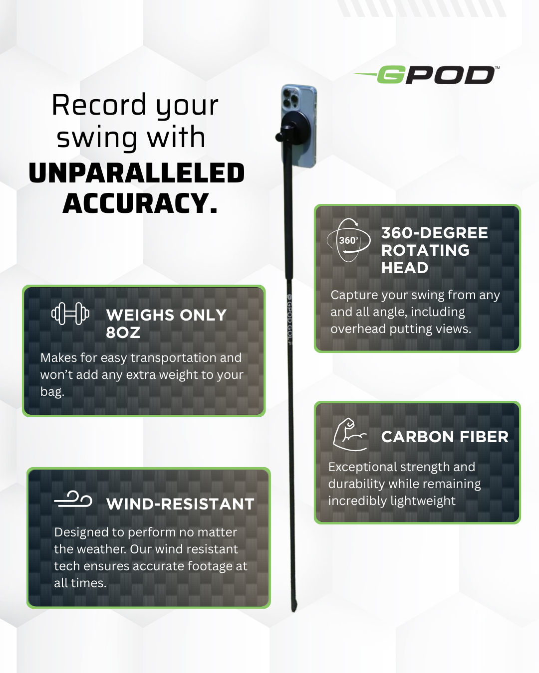 The GPOD by GPOD GOLF is a lightweight, wind-resistant carbon fiber golf swing camera mount with a 360° rotating head—ideal for Golf Swing Video Capture and seamless use as a MagSafe Golf Training Aid.