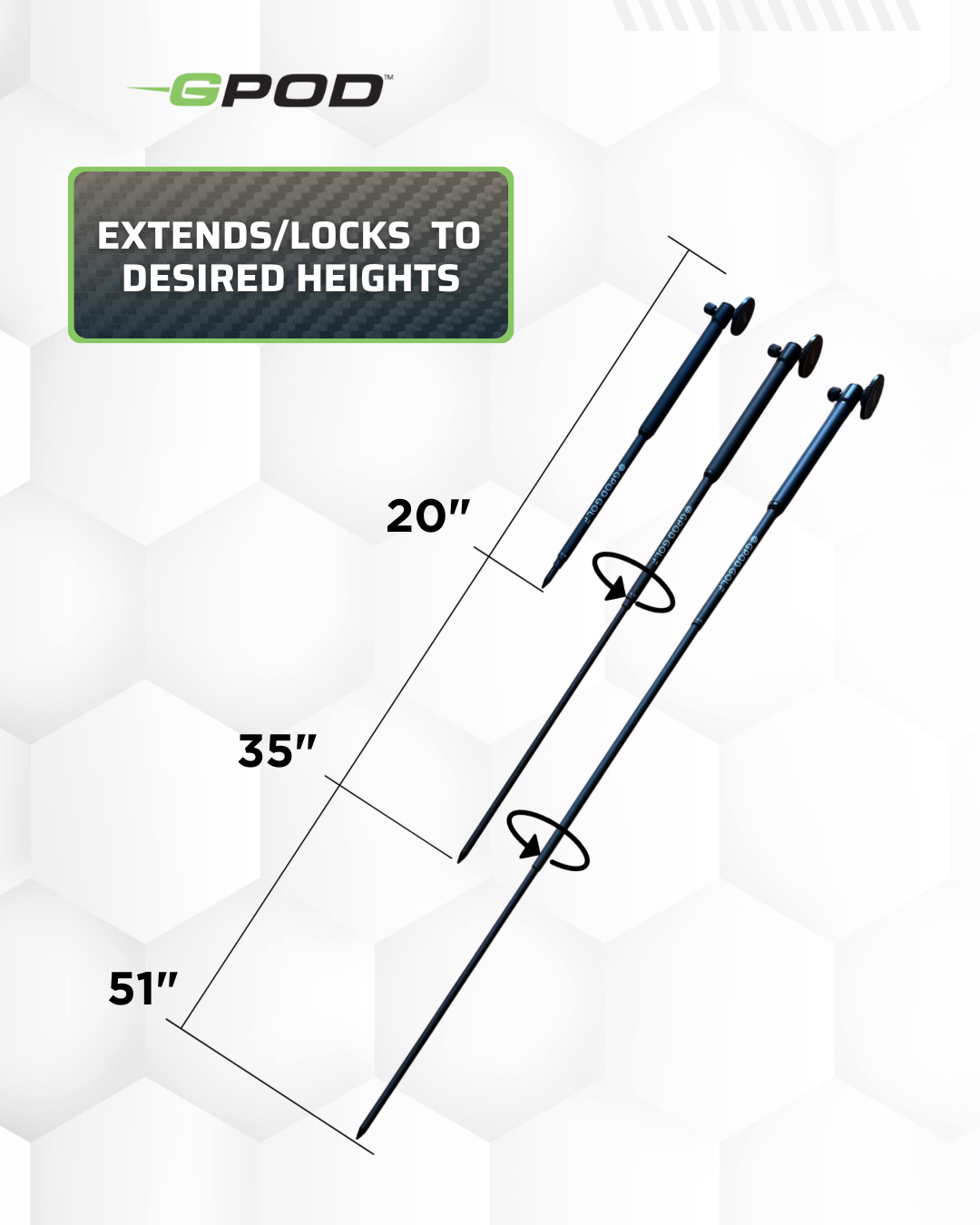 Three black GPOD GOLF GPOD X hiking poles, including a portable monopod, are shown extended to 20, 35, and 51 inches with text highlighting their adjustable and lockable height features.
