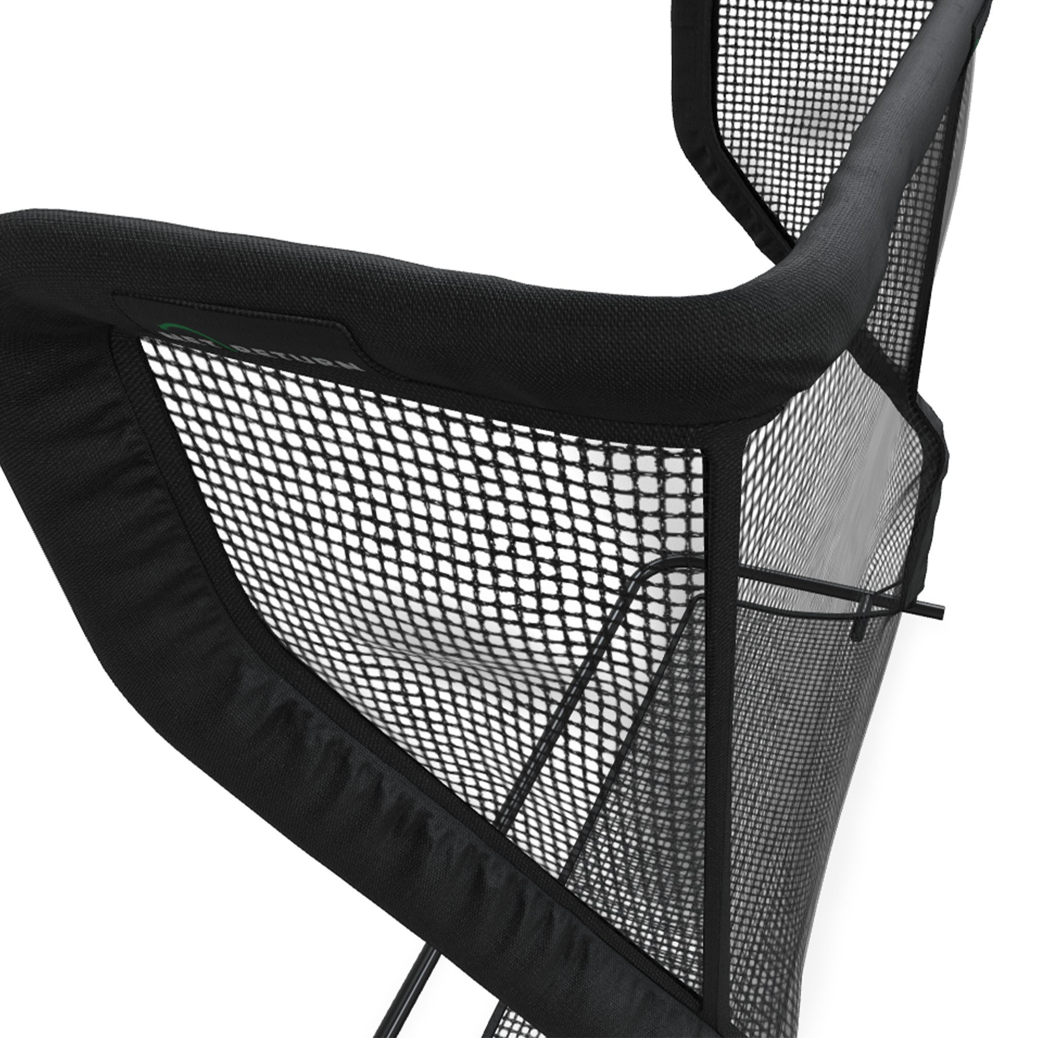 Close-up view of a black mesh barrier with a metal frame, showing its texture and design details.