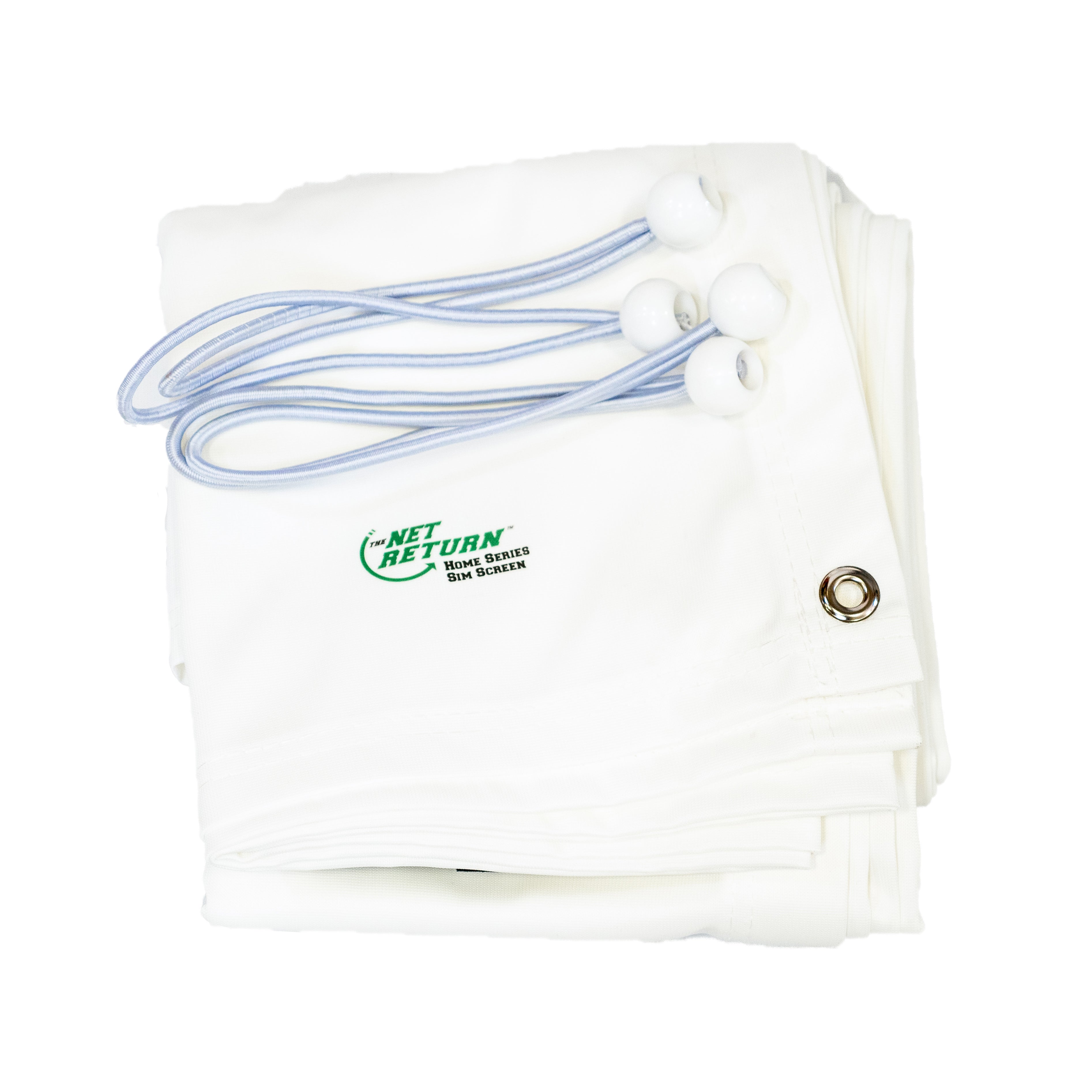 The Net Return Simulator Screen features folded white netting with grommets, cords, and plastic ball fasteners—ideal as a high impact practice or golf simulator screen. Note: Screens are not returnable.