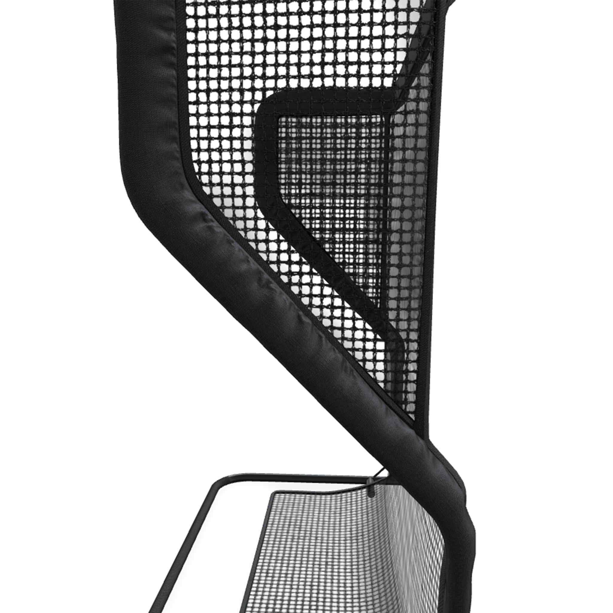 Close-up of a black mesh chair backrest with a curved design and a small storage pocket.