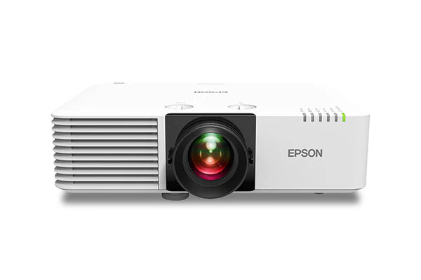 Front view of a white Epson projector with a prominent lens and vented side.