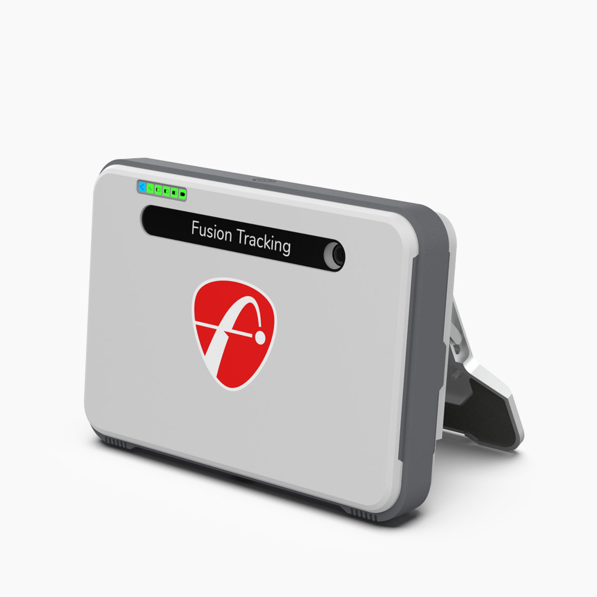 The FlightScope Mevo+, a sleek gray device from FlightScope Golf, features a red logo on the front and a rear kickstand. It integrates Fusion Tracking technology for enhanced performance.