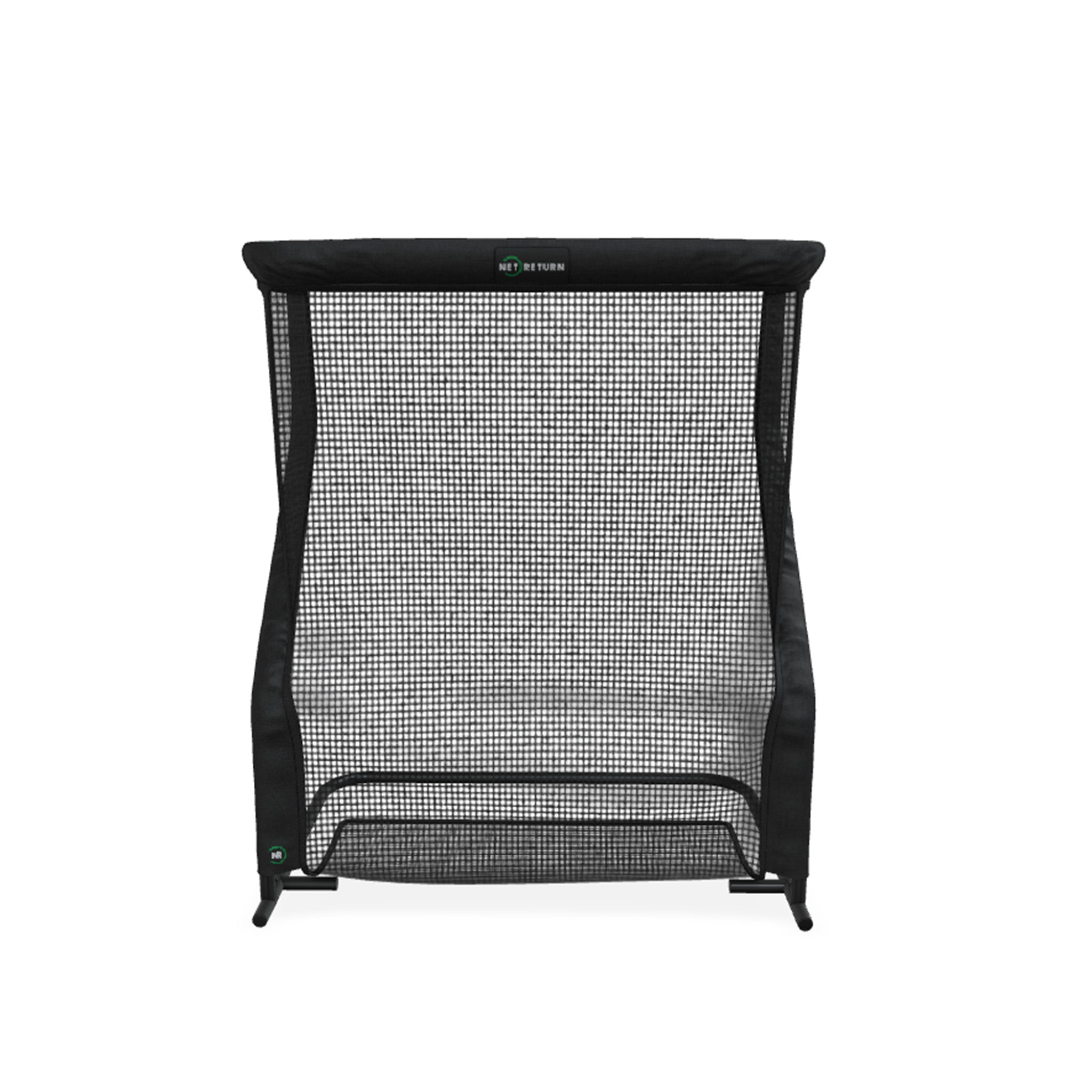 Black indoor golf hitting net with a sturdy frame, featuring a mesh design for practice and training.
