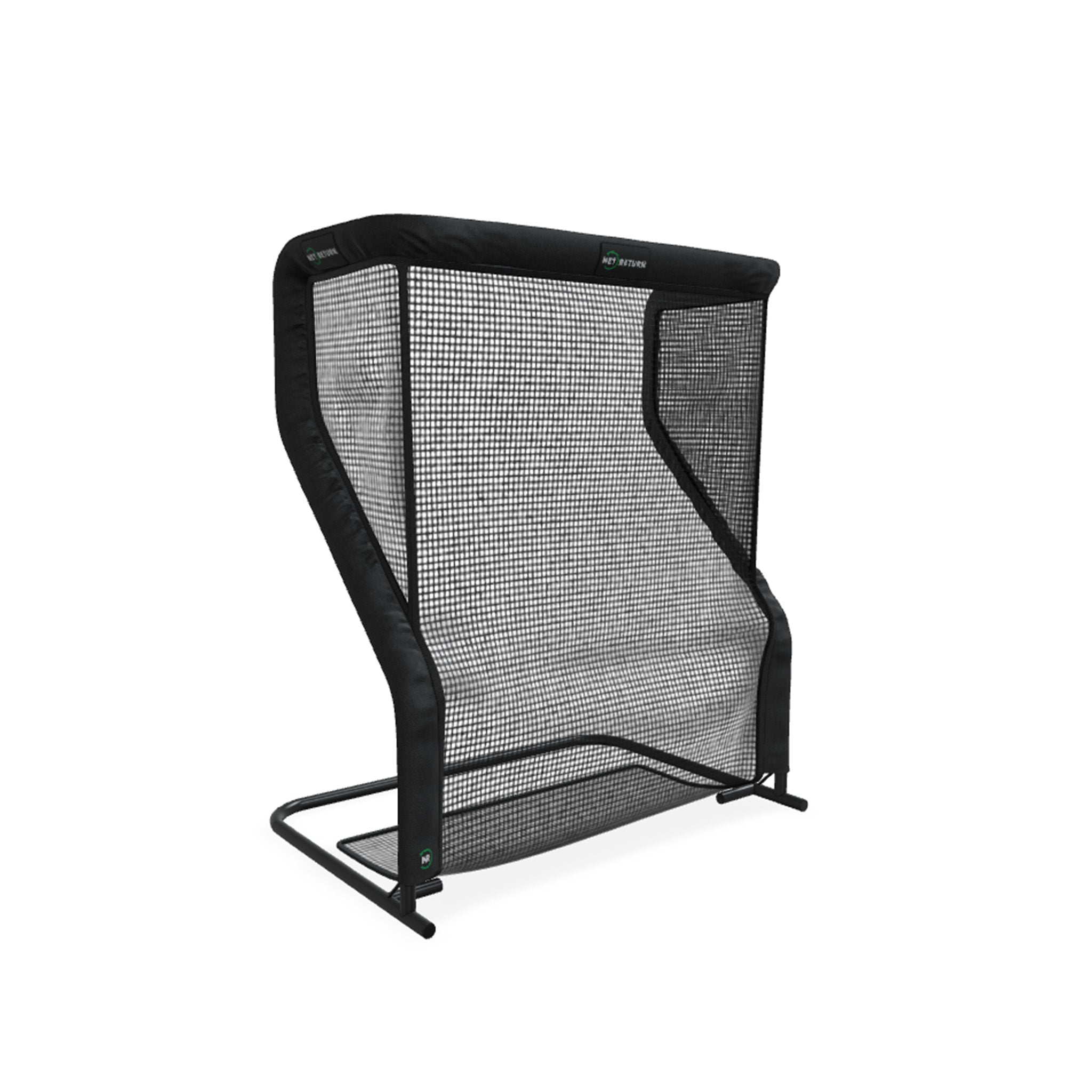 A black, freestanding sports rebound net with a rectangular frame on a flat base.