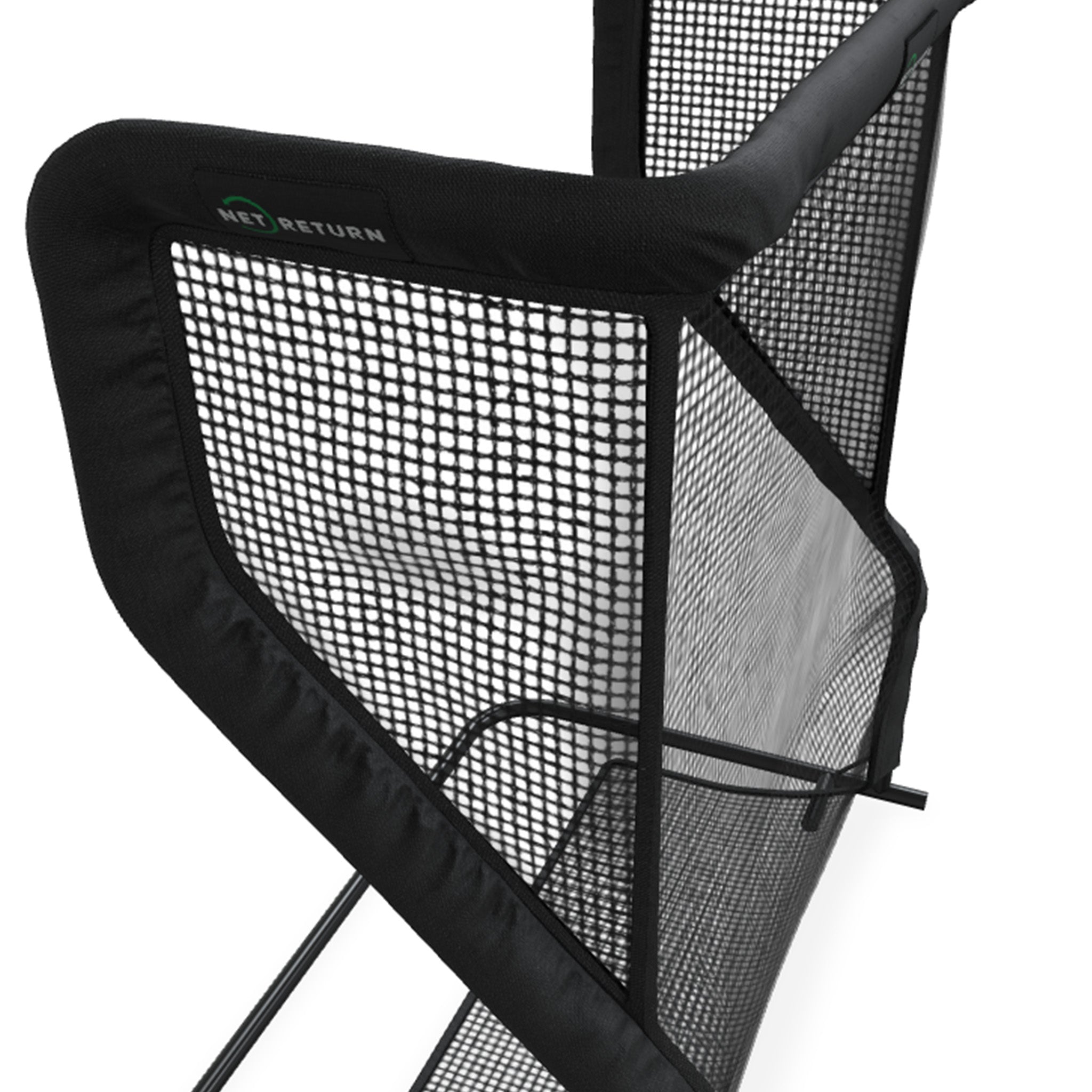Black mesh sports net with a reinforced frame, designed for ball return in training sessions.