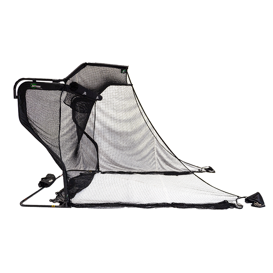 A black sports net designed for practice, featuring a robust frame and a large catching area, set up against a plain white background.