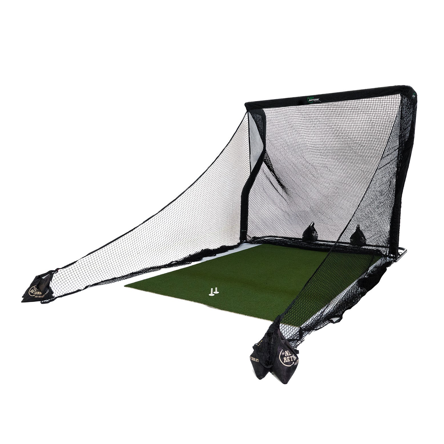 Golf practice net with a green mat and two white tees set up for use.