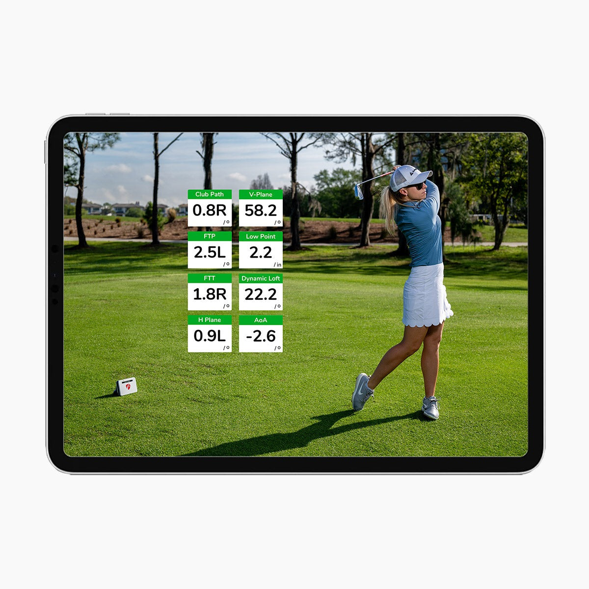 The Pro Package from FlightScope Golf displays a golfer in action on a course via tablet, showcasing swing plane and club path data in green and white boxes. 3D club animations enhance the experience, highlighting each move.