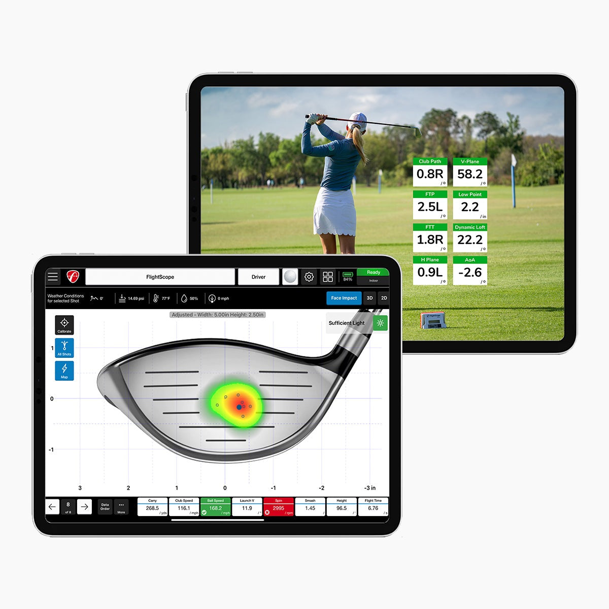 Two FlightScope Golf tablets in the Pro Package and Face Impact Location capture a golfer's swing on the course and display a heat map with club head diagrams featuring Face Impact Location metrics.