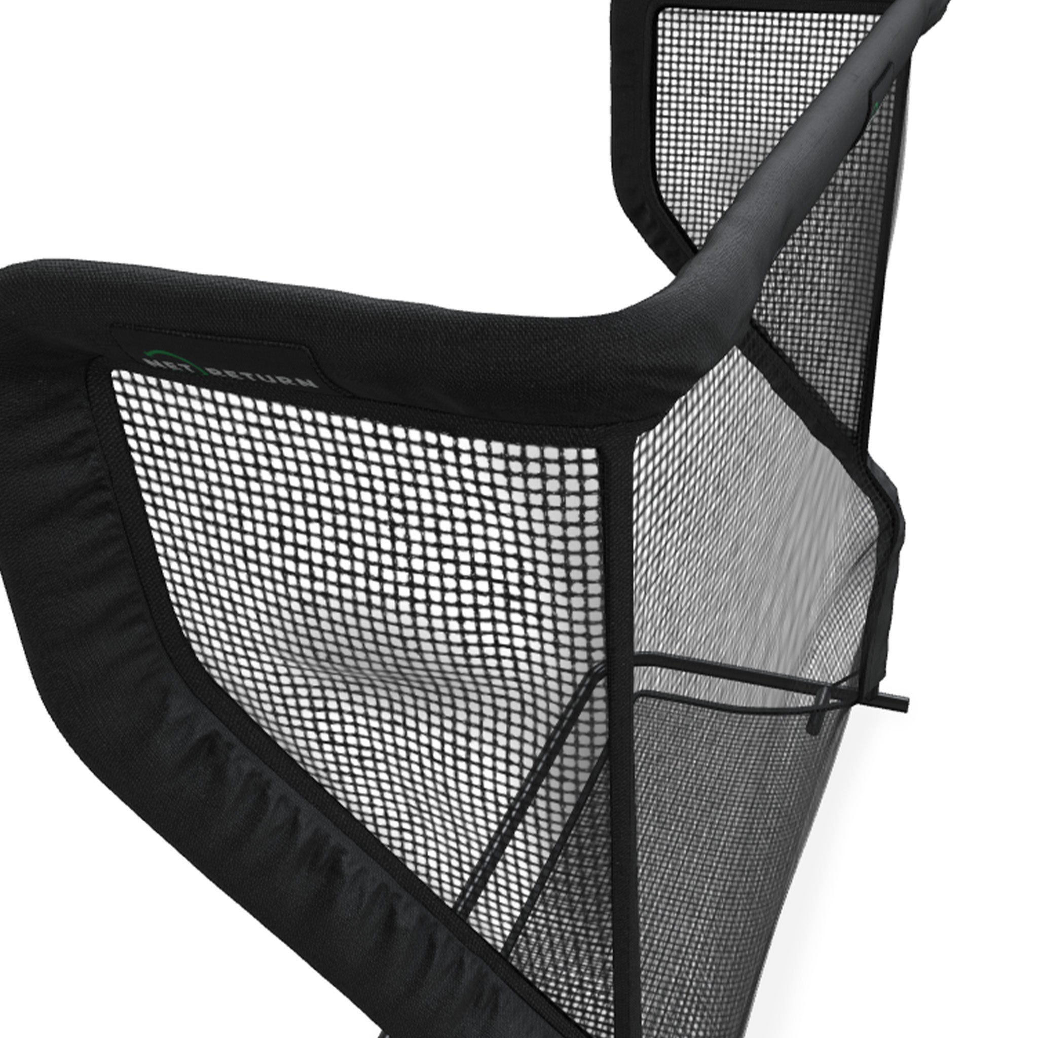 Close-up of a black mesh partition with a supportive frame and a securing strap.