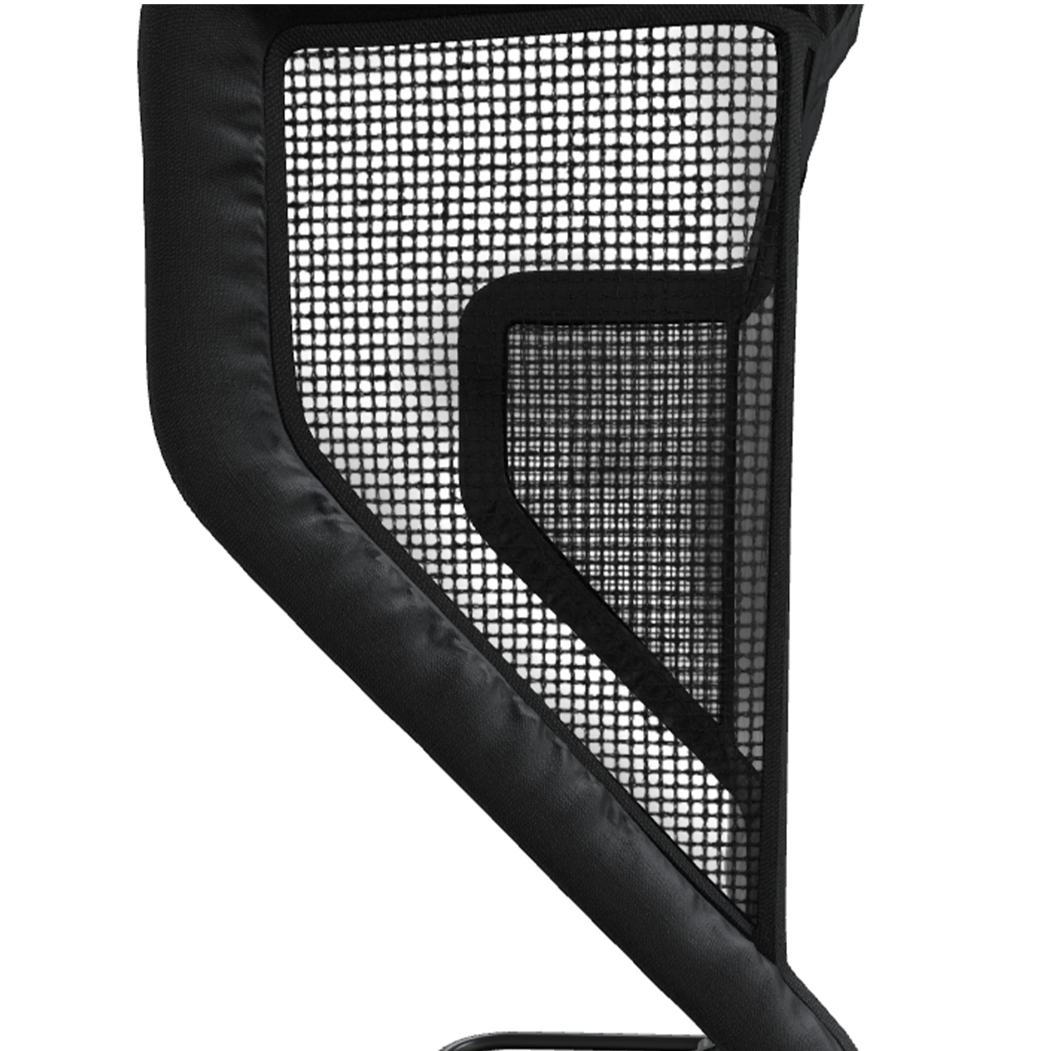 Close-up of a black ergonomic chair backrest with a mesh design and padded frame.