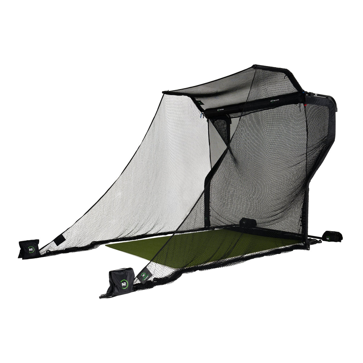 The Net Return Pro 8 No Fly Zone Package — net with No Fly Zone, turf and side barriers, angled view