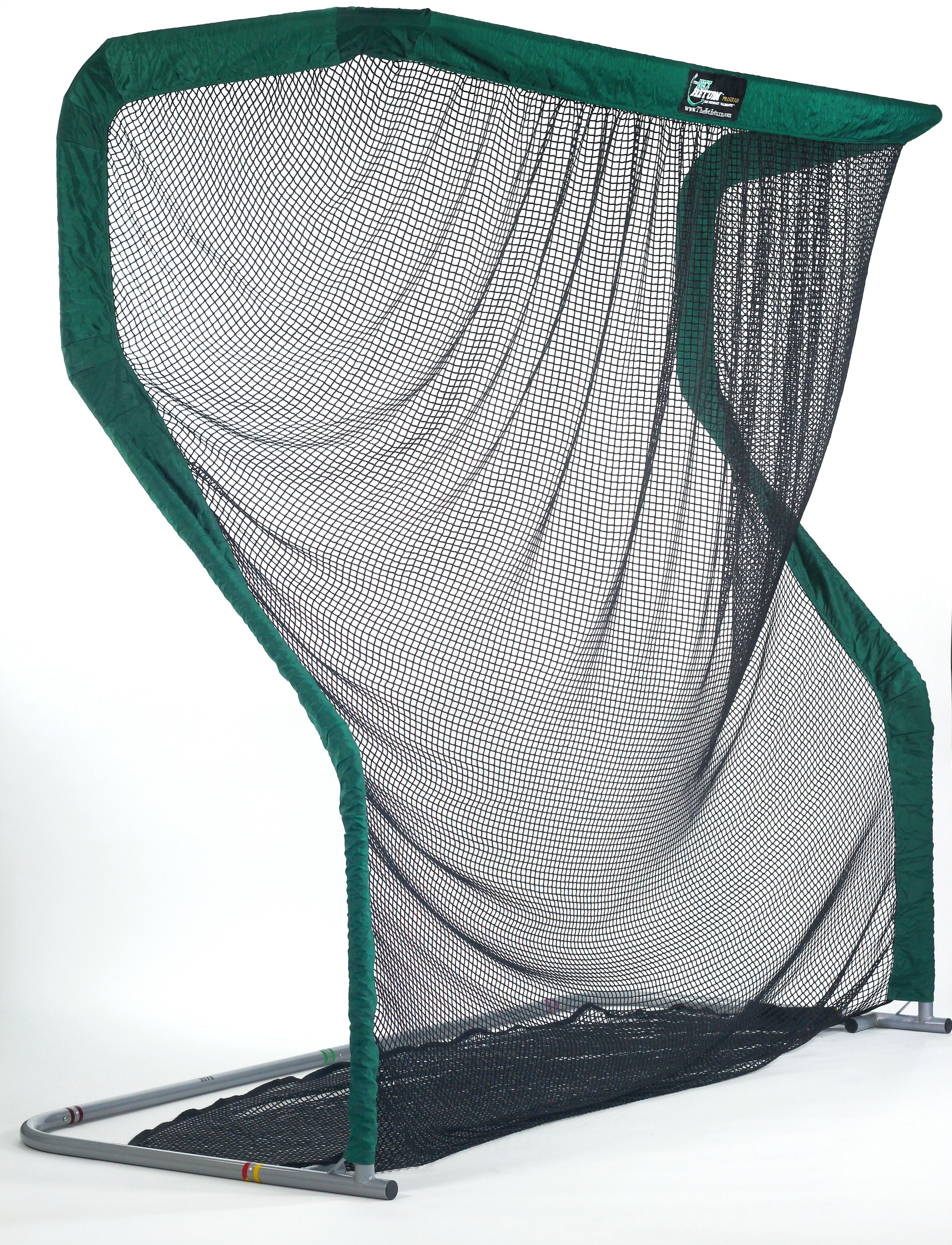 A green and black sports net with a metal frame, designed for catching balls during practice sessions.