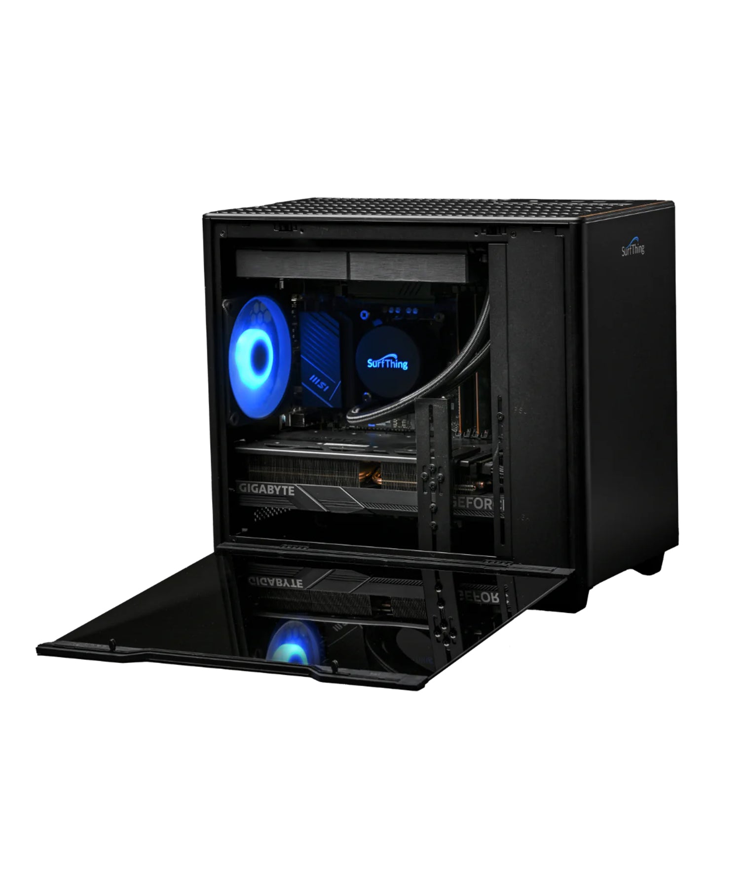 Small black desktop computer case with a partially opened glass side panel, revealing interior components including a blue LED fan and a graphics card.