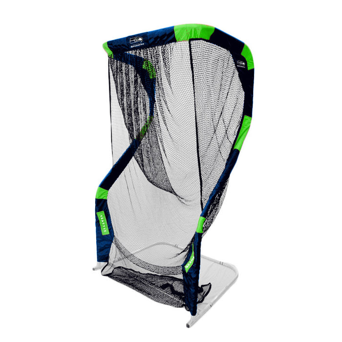The Custom Extra Point Net by The Net Return features a sturdy frame with sleek black netting, vibrant green accents, and a crisp white base. Its versatile design makes it perfect for practicing various sports both indoors and outdoors.