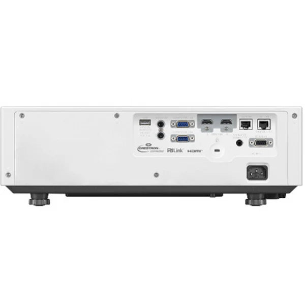 Rear view of a white projector showing various input and output ports, including HDMI, VGA, USB, and Ethernet, along with power and audio connections.