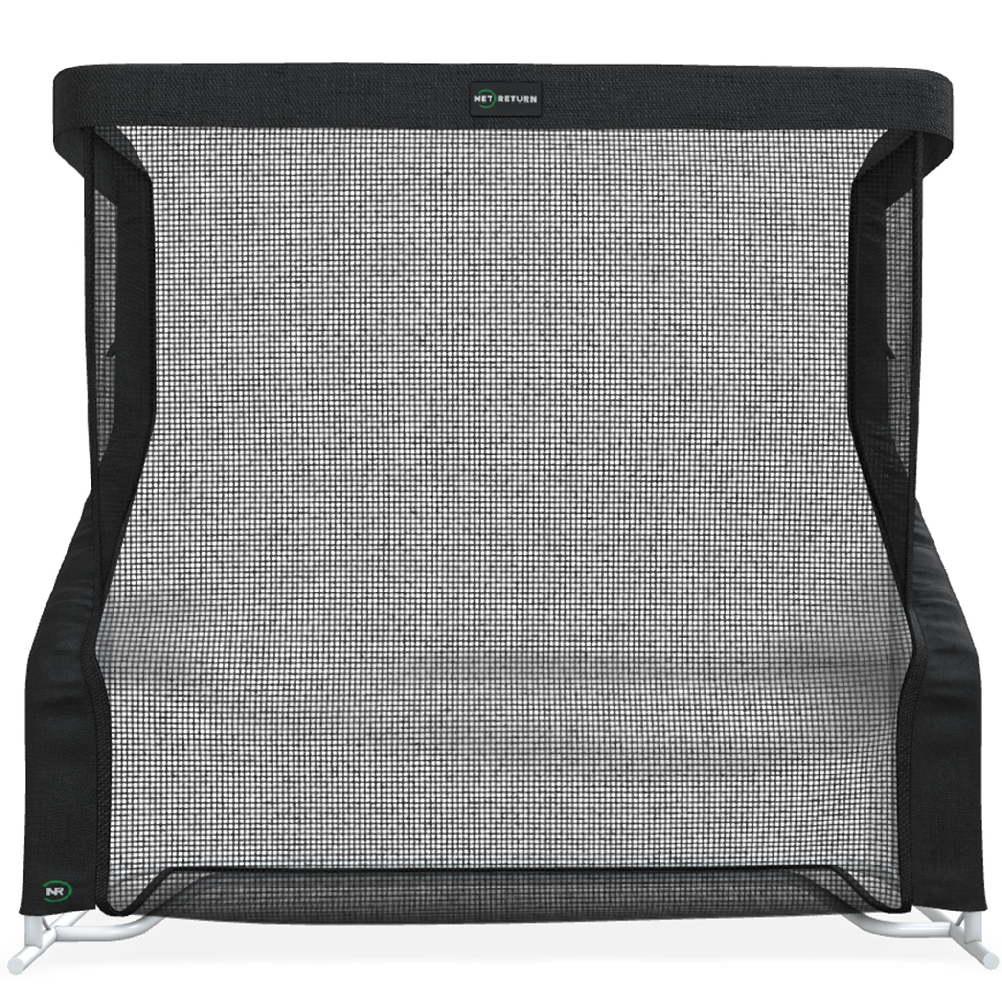 Black mesh screen with a sturdy frame, featuring a curved base.